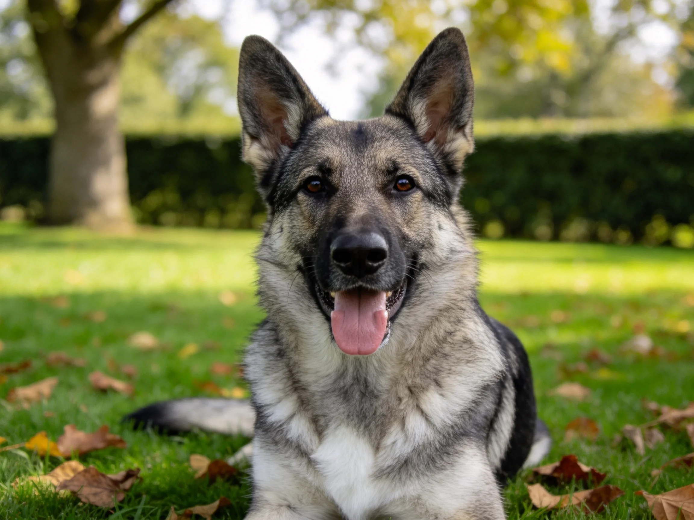 德国牧羊犬安静地趴卧在草地上,黑白相间的毛发清晰可见,嘴巴张开露出粉色舌头。