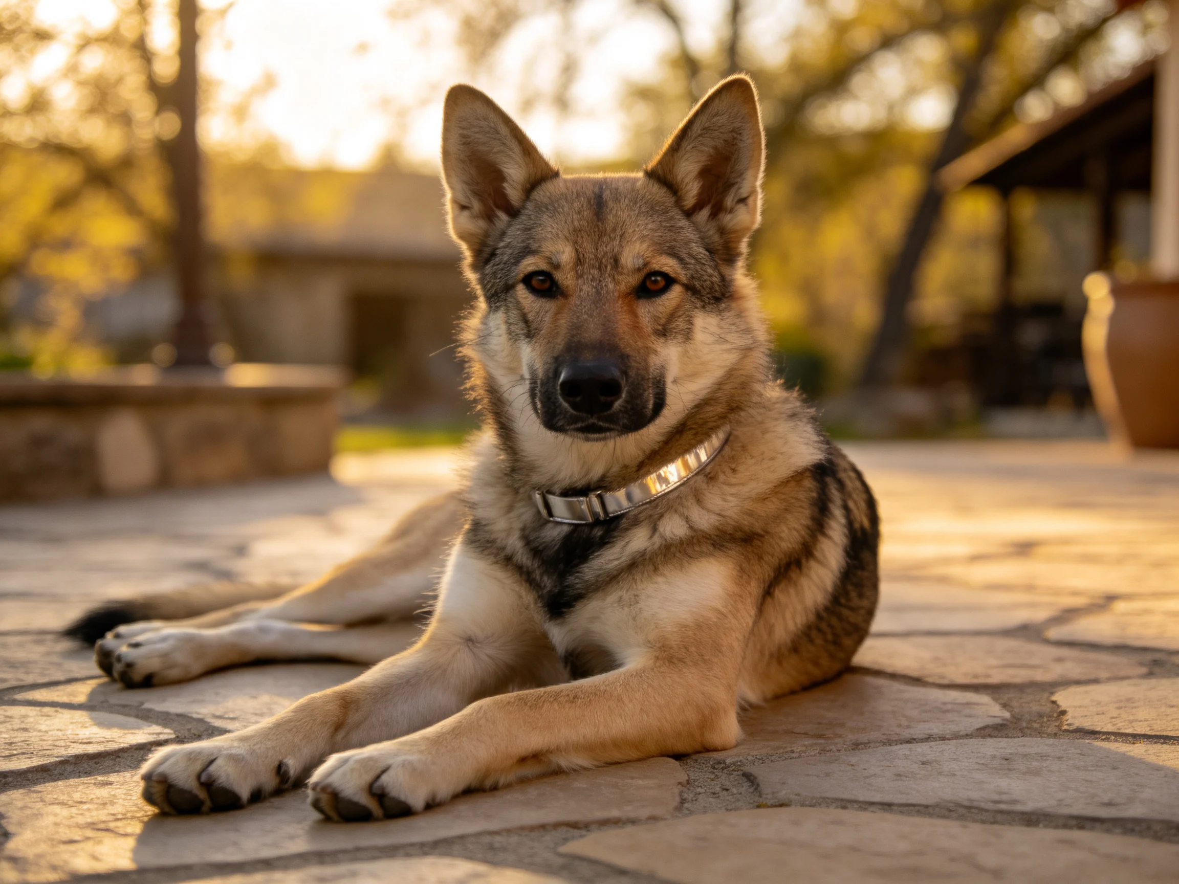 德国牧羊犬安静趴卧在石板地面上,黑棕相间的被毛在阳光下清晰可见。