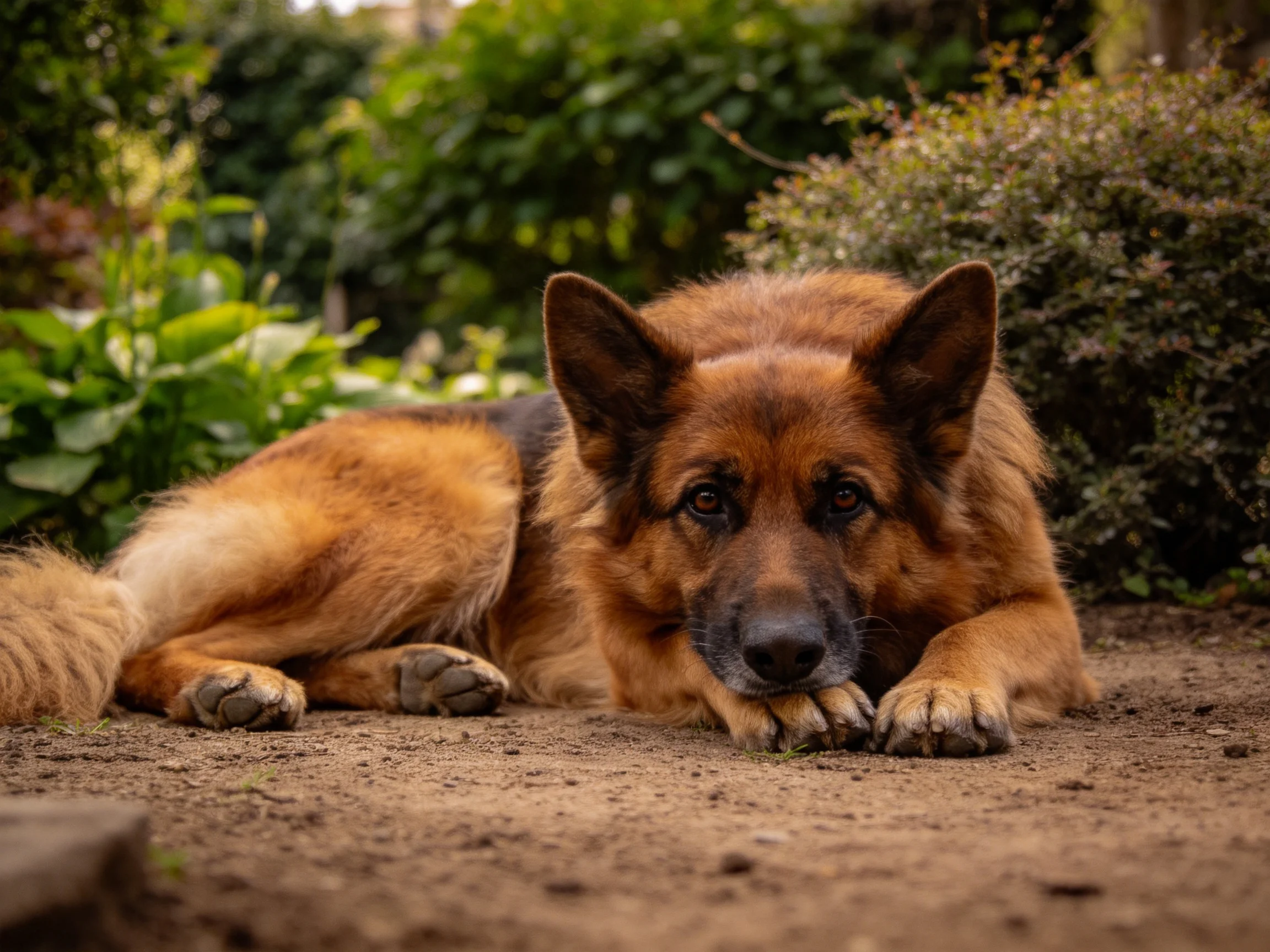 德国牧羊犬红棕色毛发贴伏在地，上前爪交叉姿态安静。