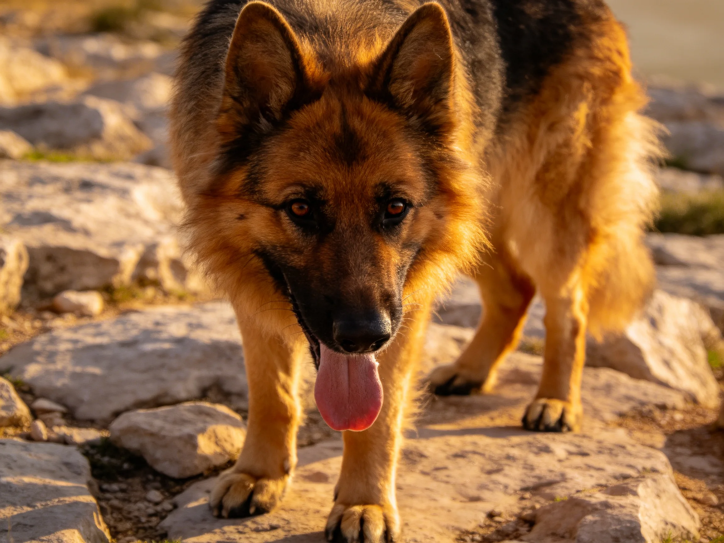 德国牧羊犬正张着嘴,粉红色舌头清晰可见,黑棕相间的皮毛在阳光下富有光泽。