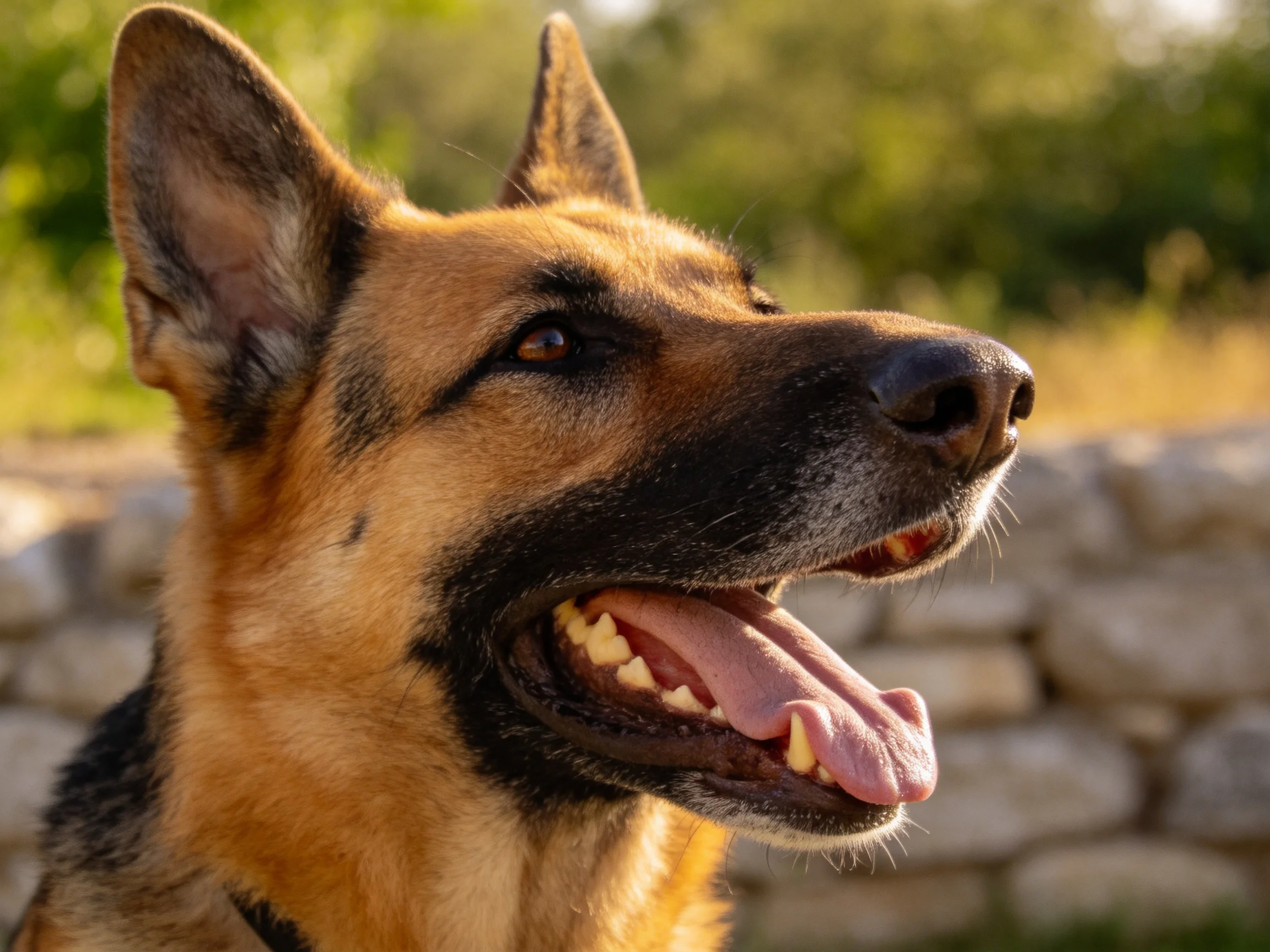 德国牧羊犬嘴巴张开露出牙齿和粉红色舌头,在阳光下显得精神抖擞。