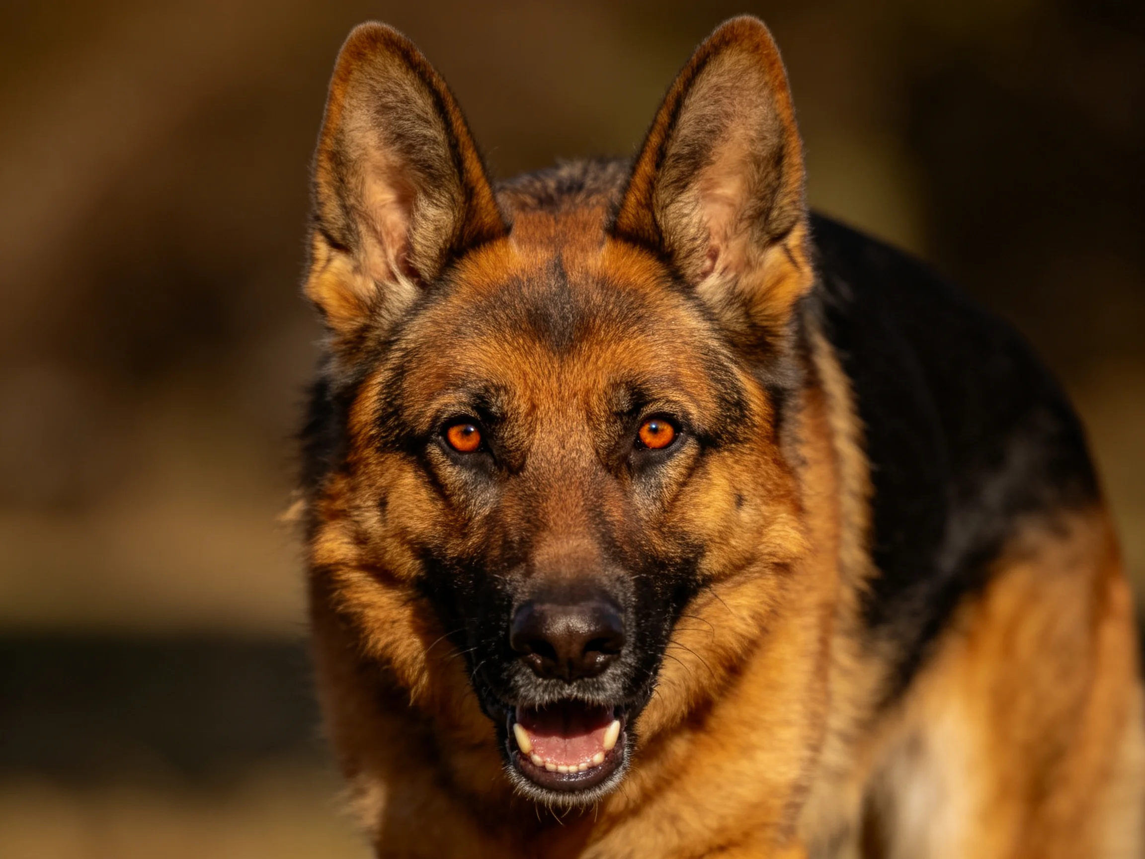 德国牧羊犬特写镜头显示其竖立的耳朵和明亮的红色眼眸。