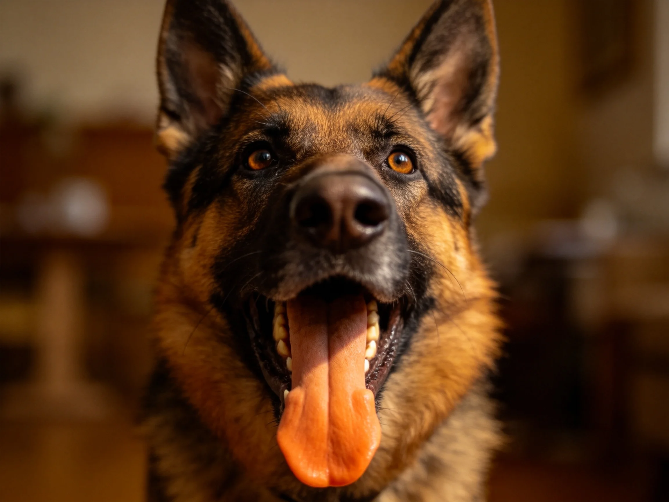 德国牧羊犬嘴巴张开露出洁白牙齿与鲜红舌头,耳朵竖立呈现警觉状态。
