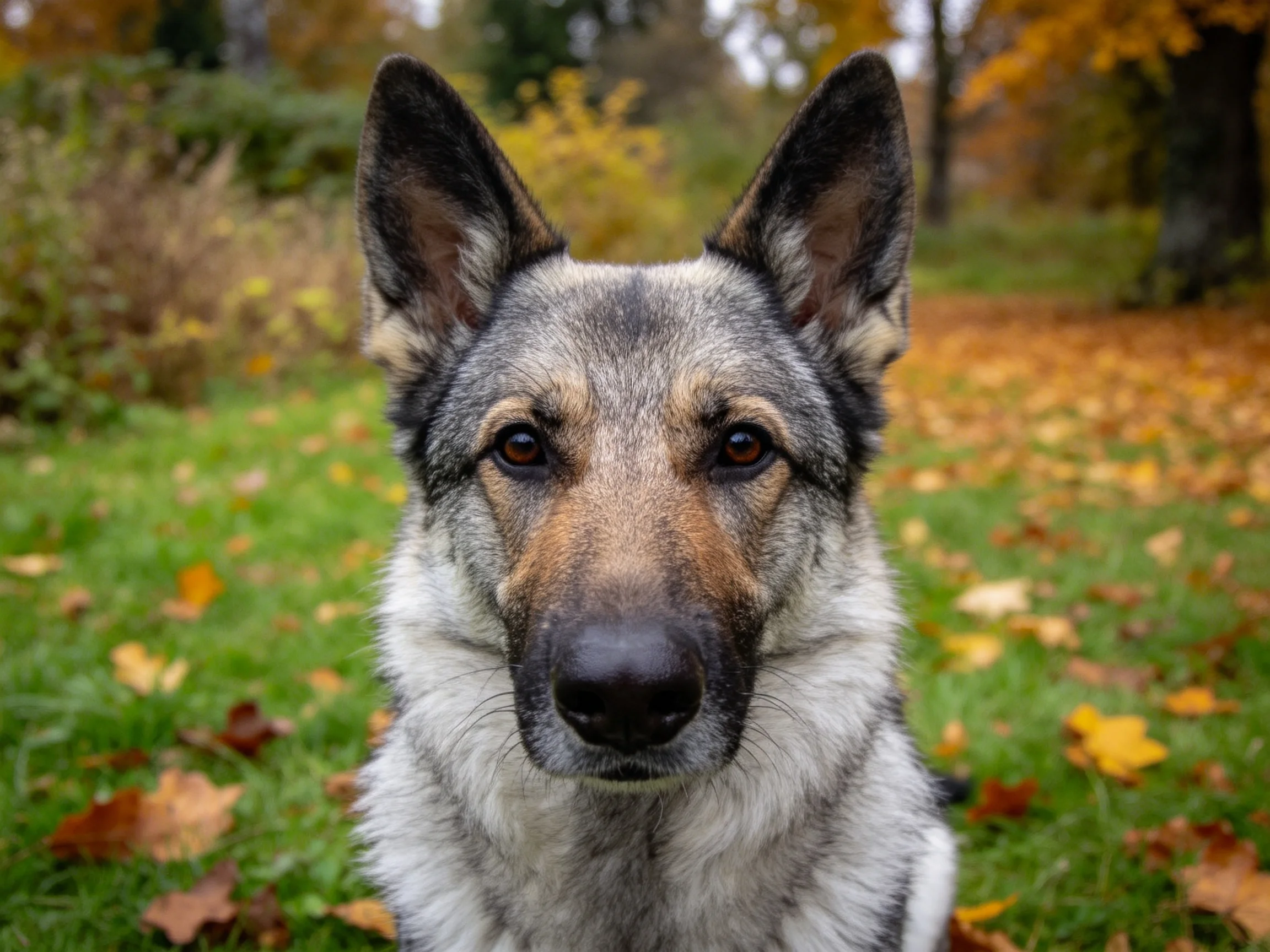 一只德牧犬正坐在满是落叶的草地上,它专注的眼神和竖立的耳朵清晰可见。