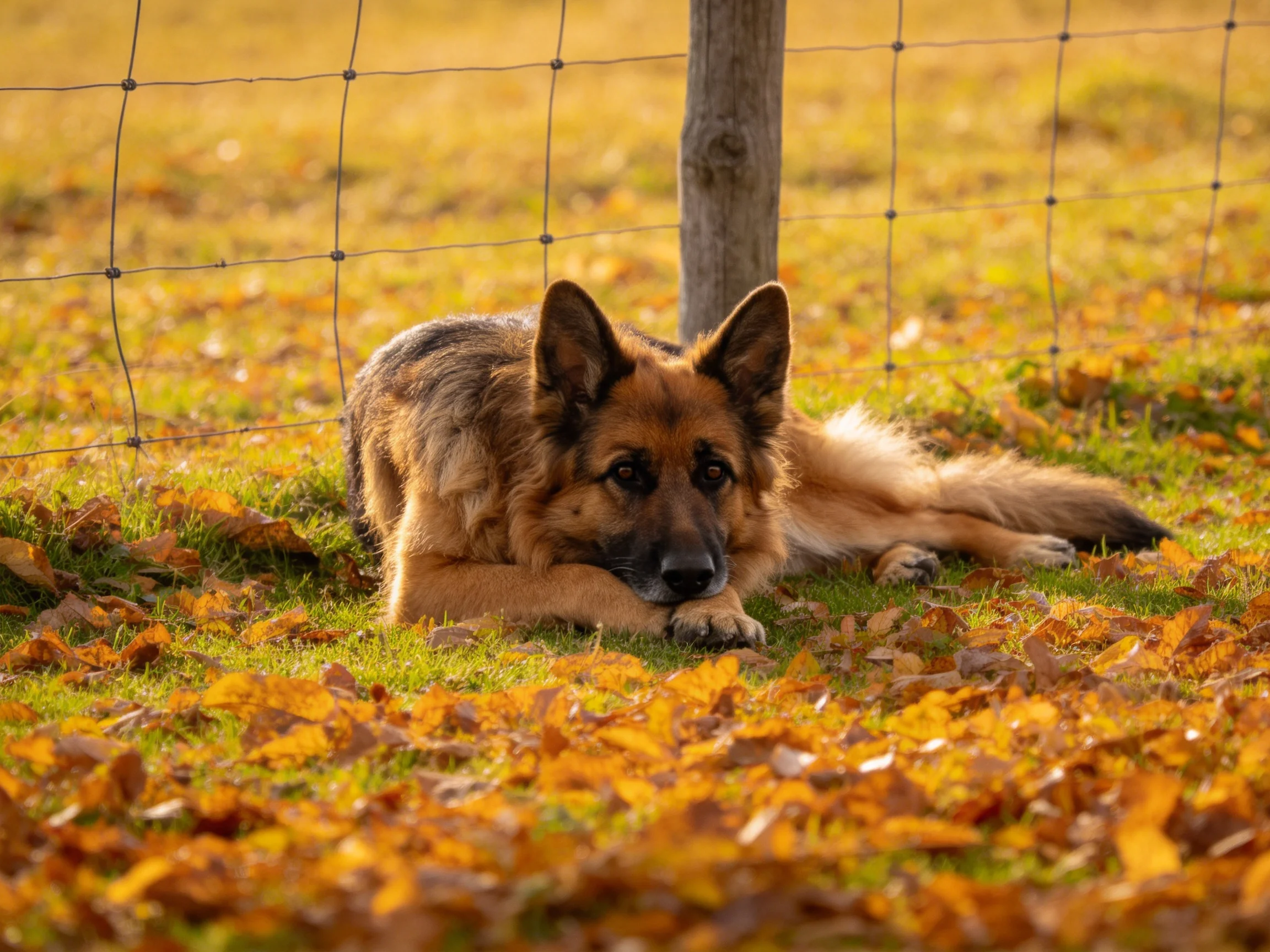 德国只德国牧羊犬趴卧在满是落叶的草地上,毛发呈深浅棕色渐变,前爪交叠头部轻靠在前肢上。