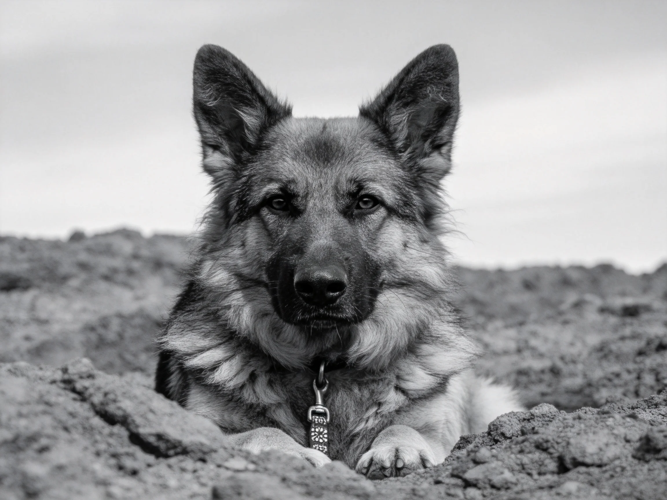 德国牧羊犬幼犬安静停留于泥地，毛发黑灰相间，姿态放松。