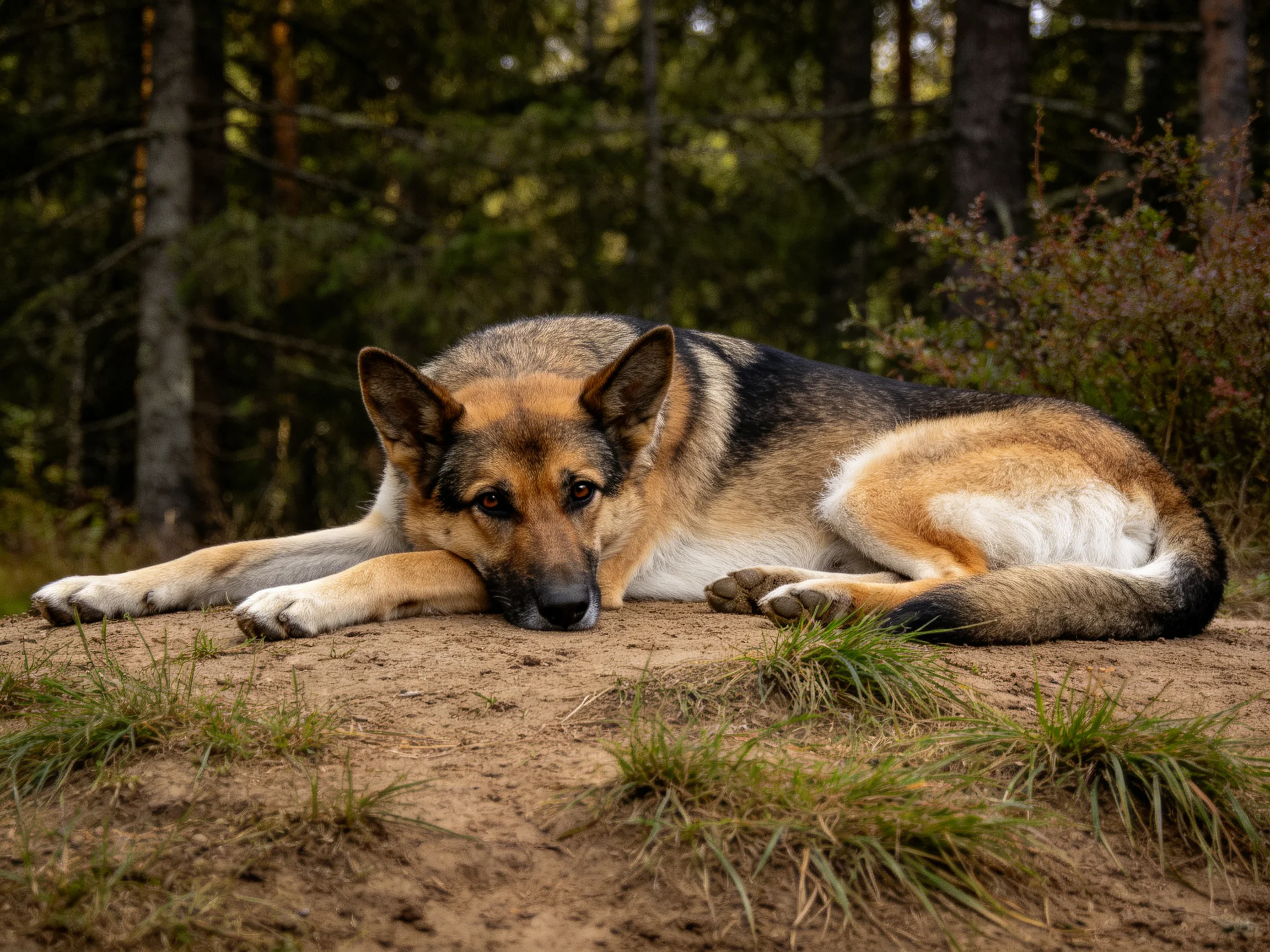 德国牧羊犬安静地躺卧在森林空地的泥土上,黑、棕、白相间毛发清晰,前爪支撑姿态放松。