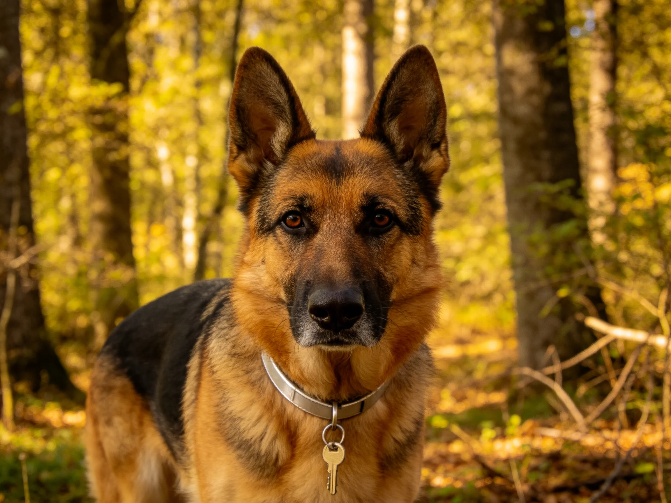 一只德国牧羊犬站在森林中,黑棕相间的被毛,项圈挂着金属钥匙。