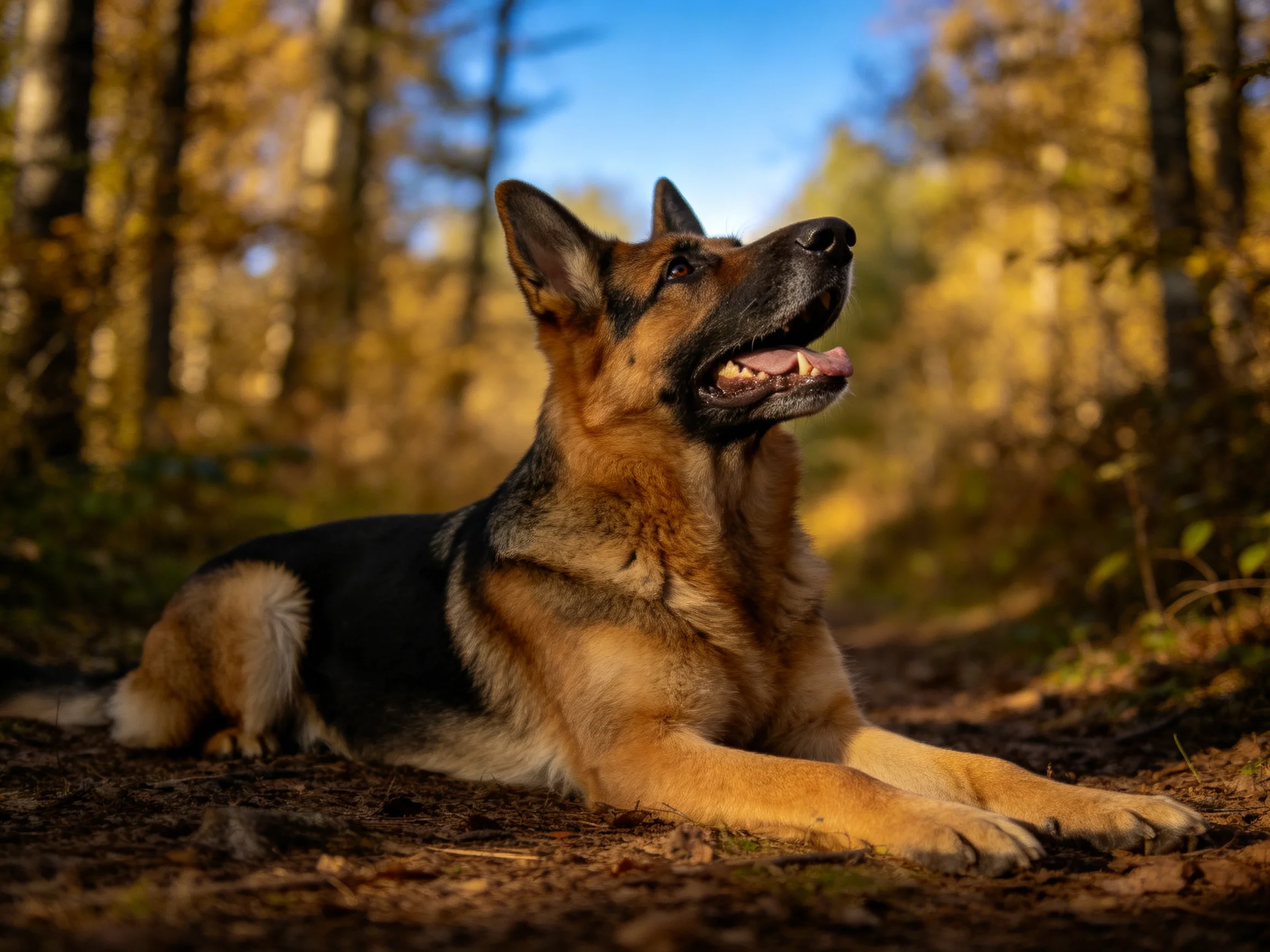 德国牧羊犬头部抬起凝望远方，黑棕相间皮毛在阳光下清晰可见。