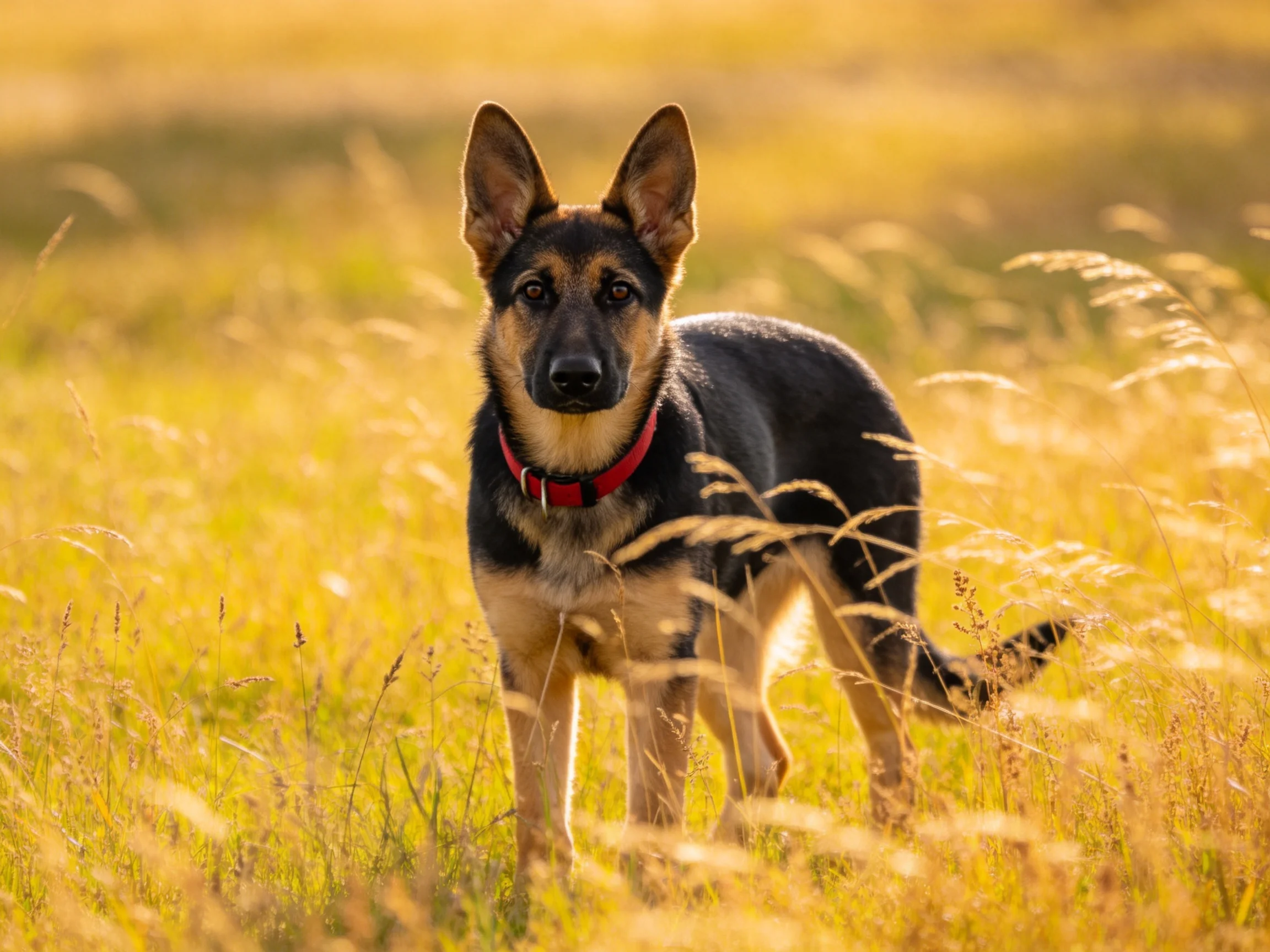 德国牧羊犬站在金色草地上,黑色的背部与浅棕色腹部形成鲜明对比,佩戴红色项圈,目光专注注视前方。