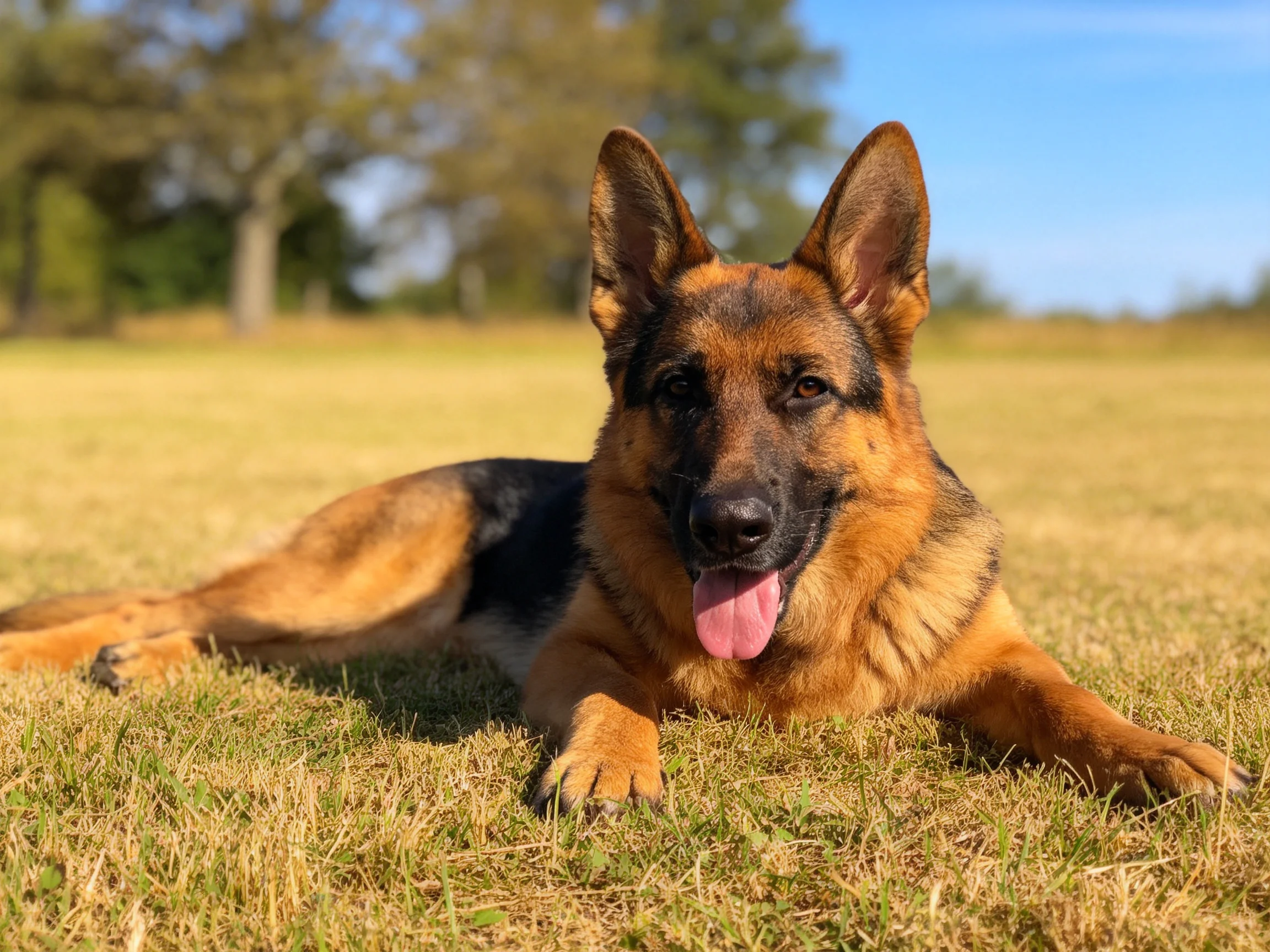 德国牧羊犬安静地卧在草地上,粉红色舌头清晰可见,黑棕色毛发分明。