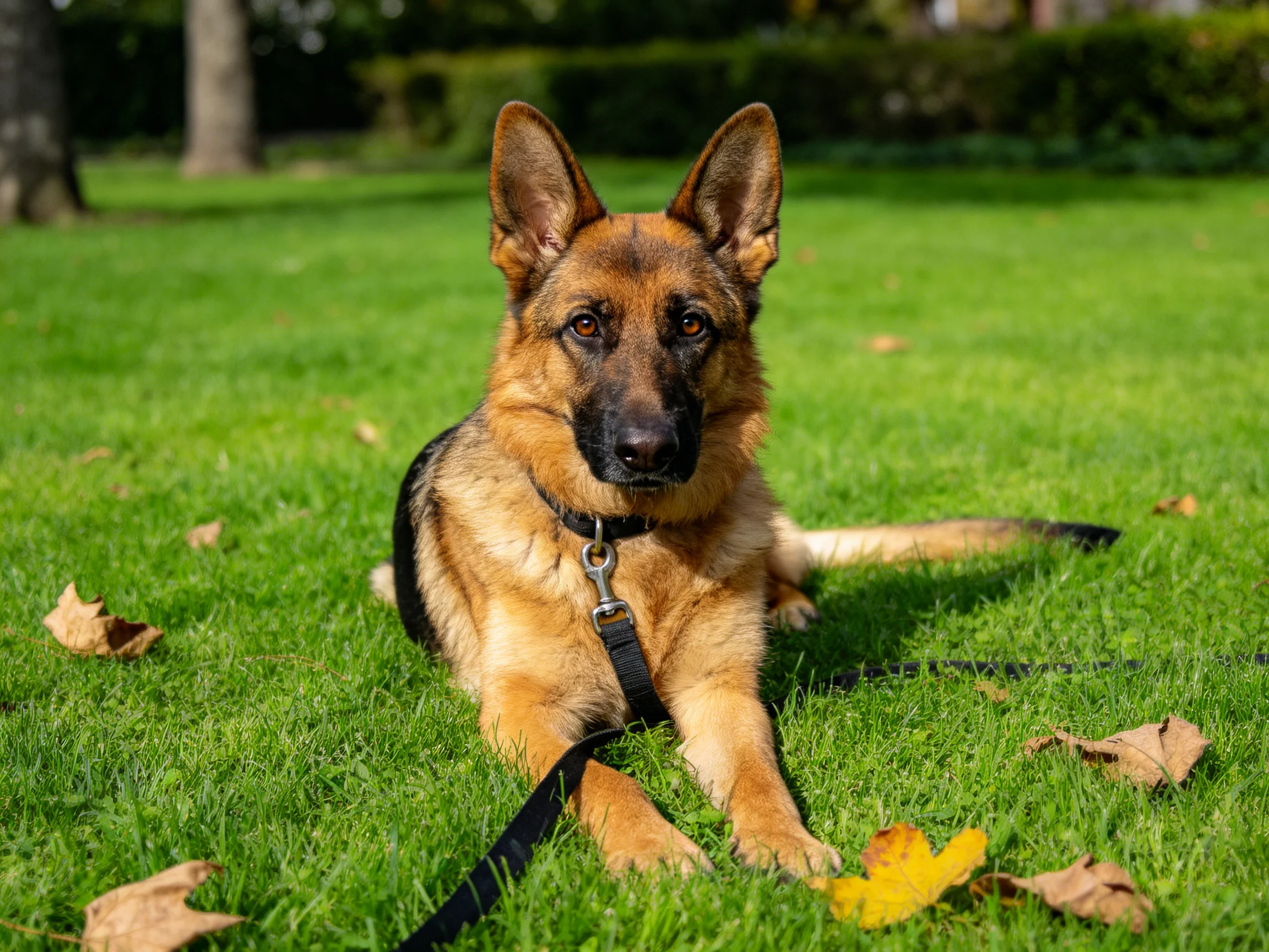 一只德牧犬安静地躺在绿色草地上,前爪附近的黄色枯叶清晰可见。