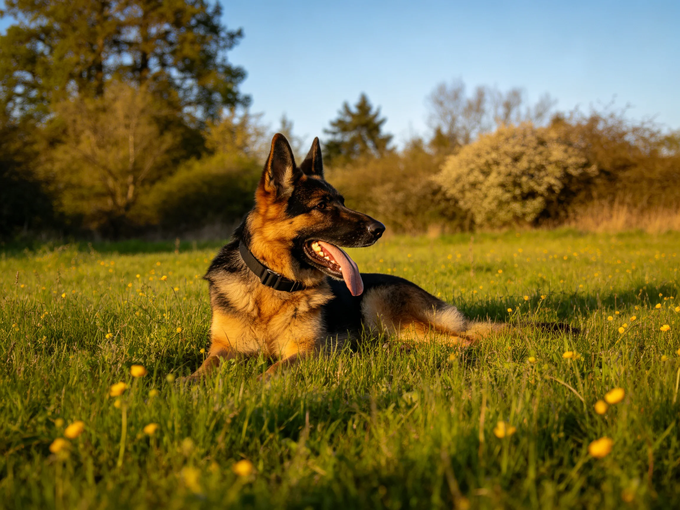 德国牧羊犬趴在草地上,黑色的被毛与棕褐色毛发形成对比,舌头伸出,姿态放松。