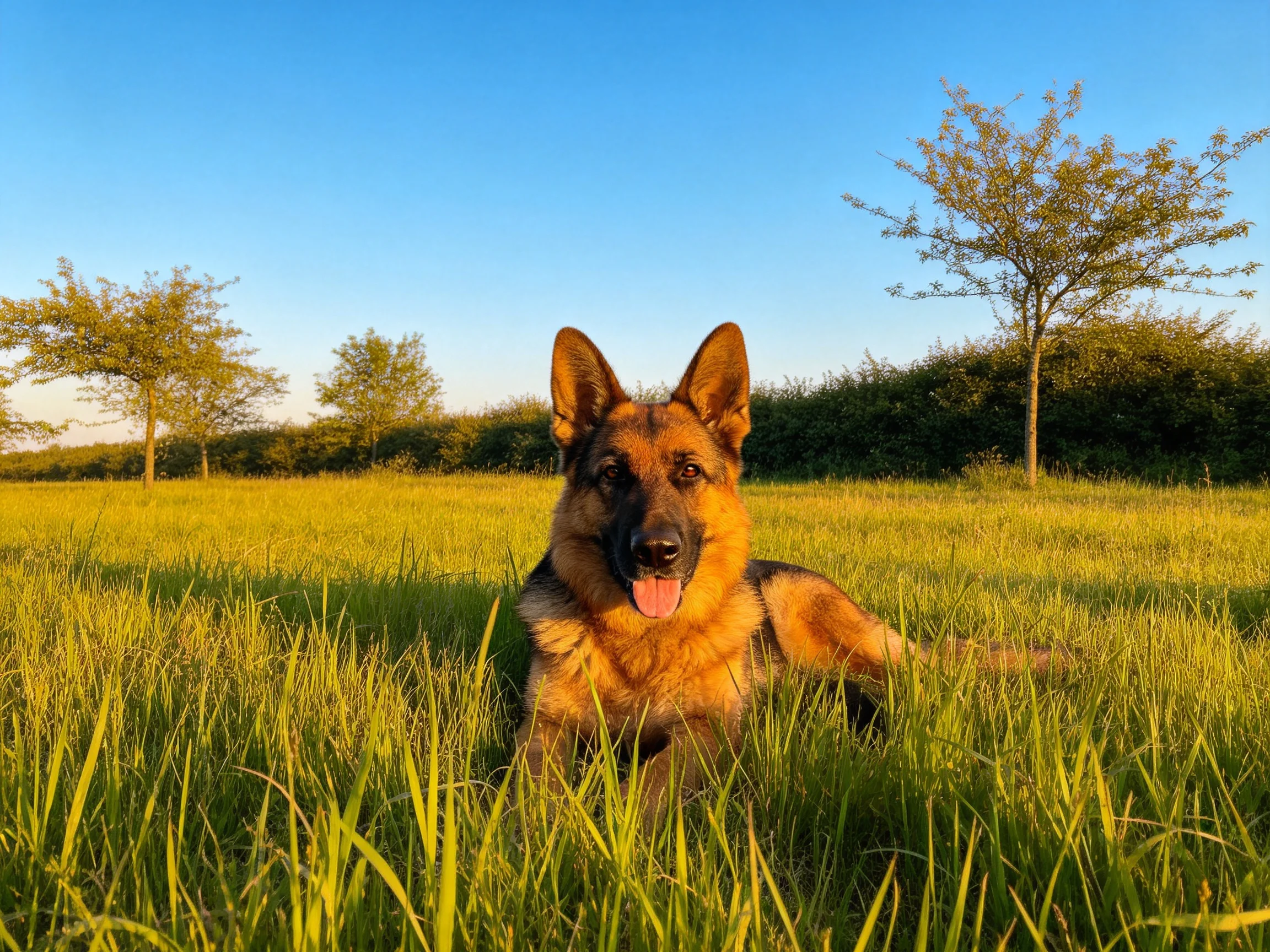 德国牧羊犬安静地躺在草地上,嘴巴张开露出湿润的粉色舌头,毛发呈现出典型的黑棕双色特征。