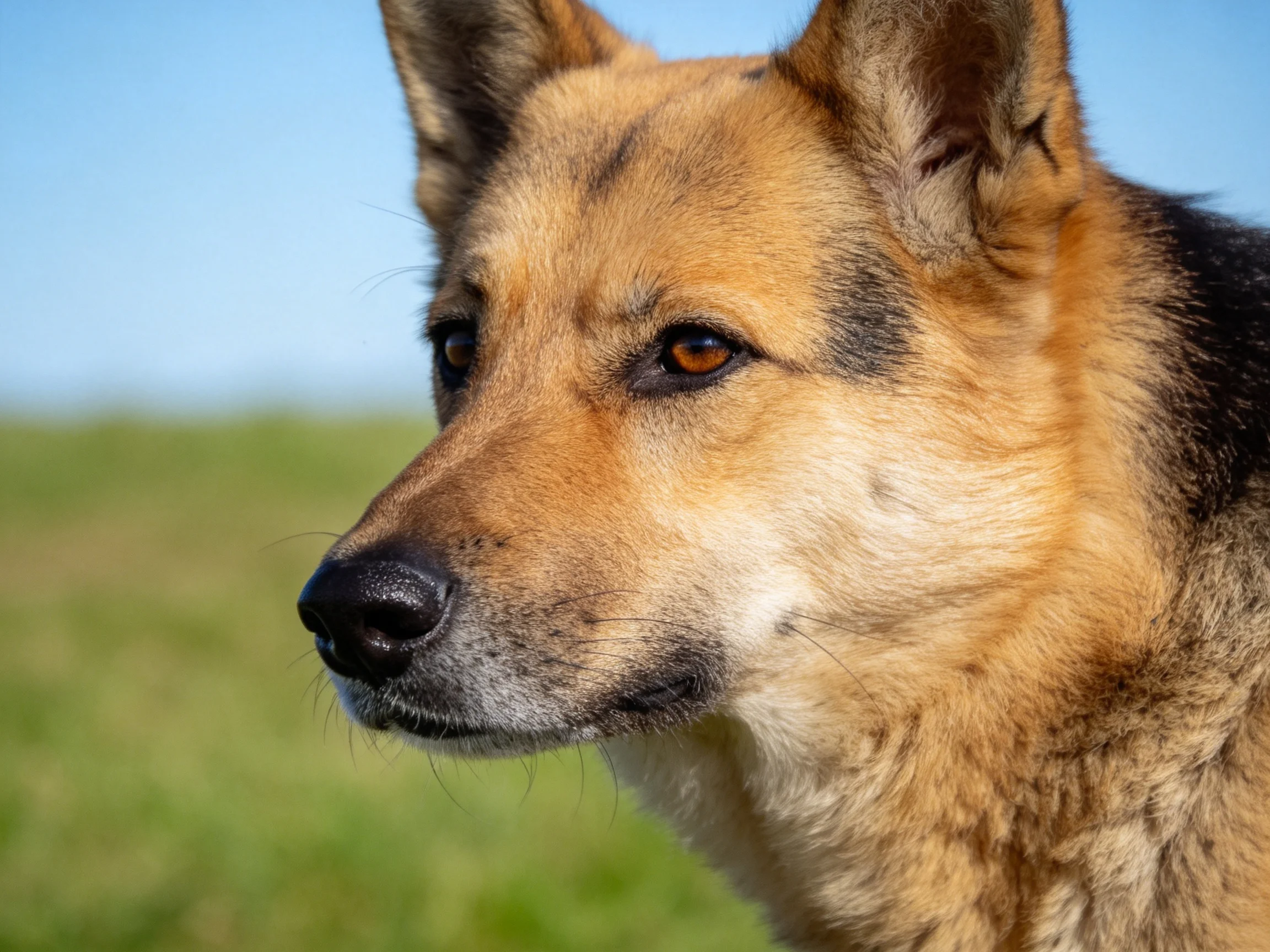 德牧犬有着黑棕相间的被毛,耳朵竖立,目光注视远方。