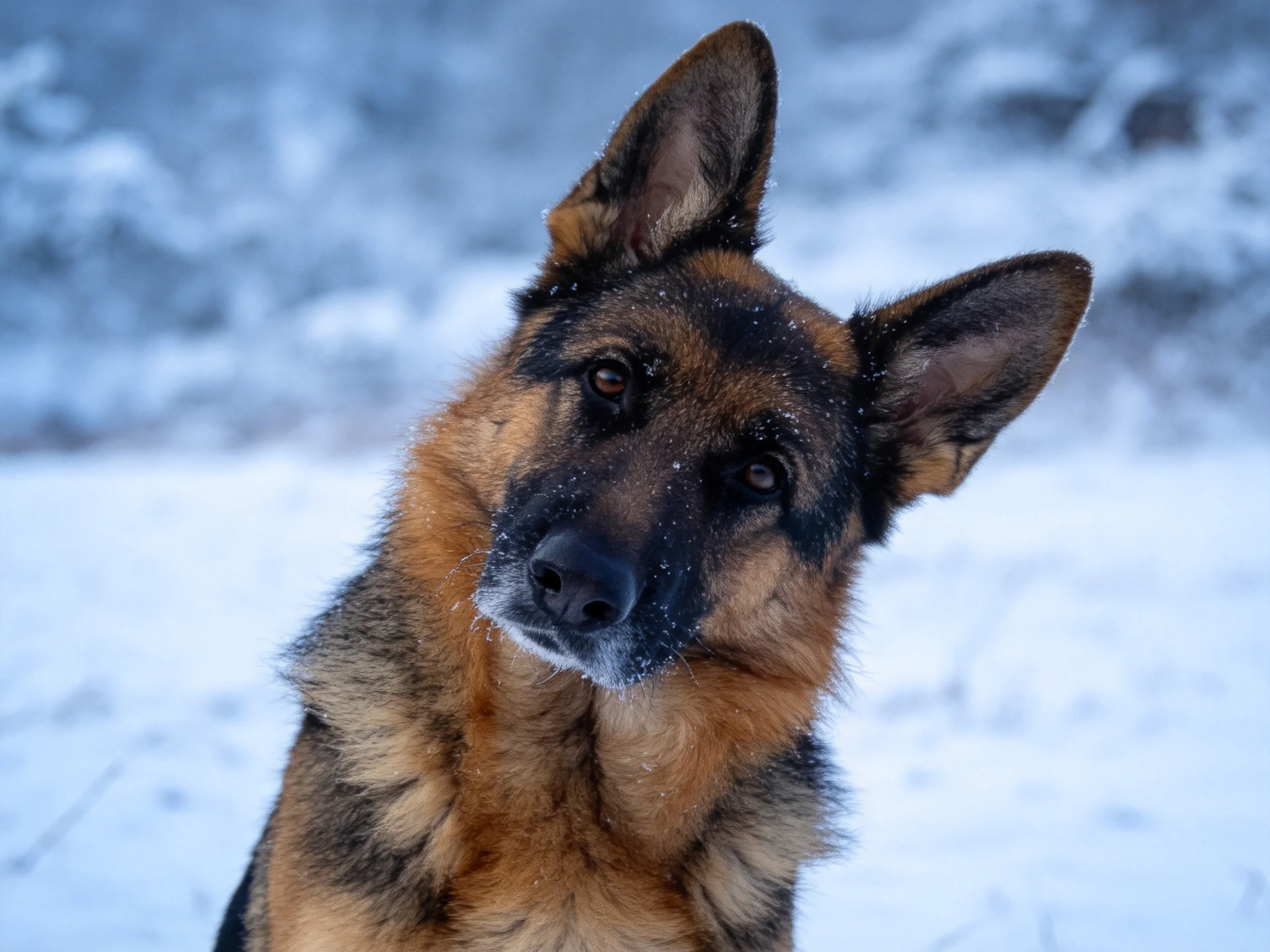 德国牧羊犬的黑棕色毛发上沾有少量积雪,耳朵竖立,眼神专注。