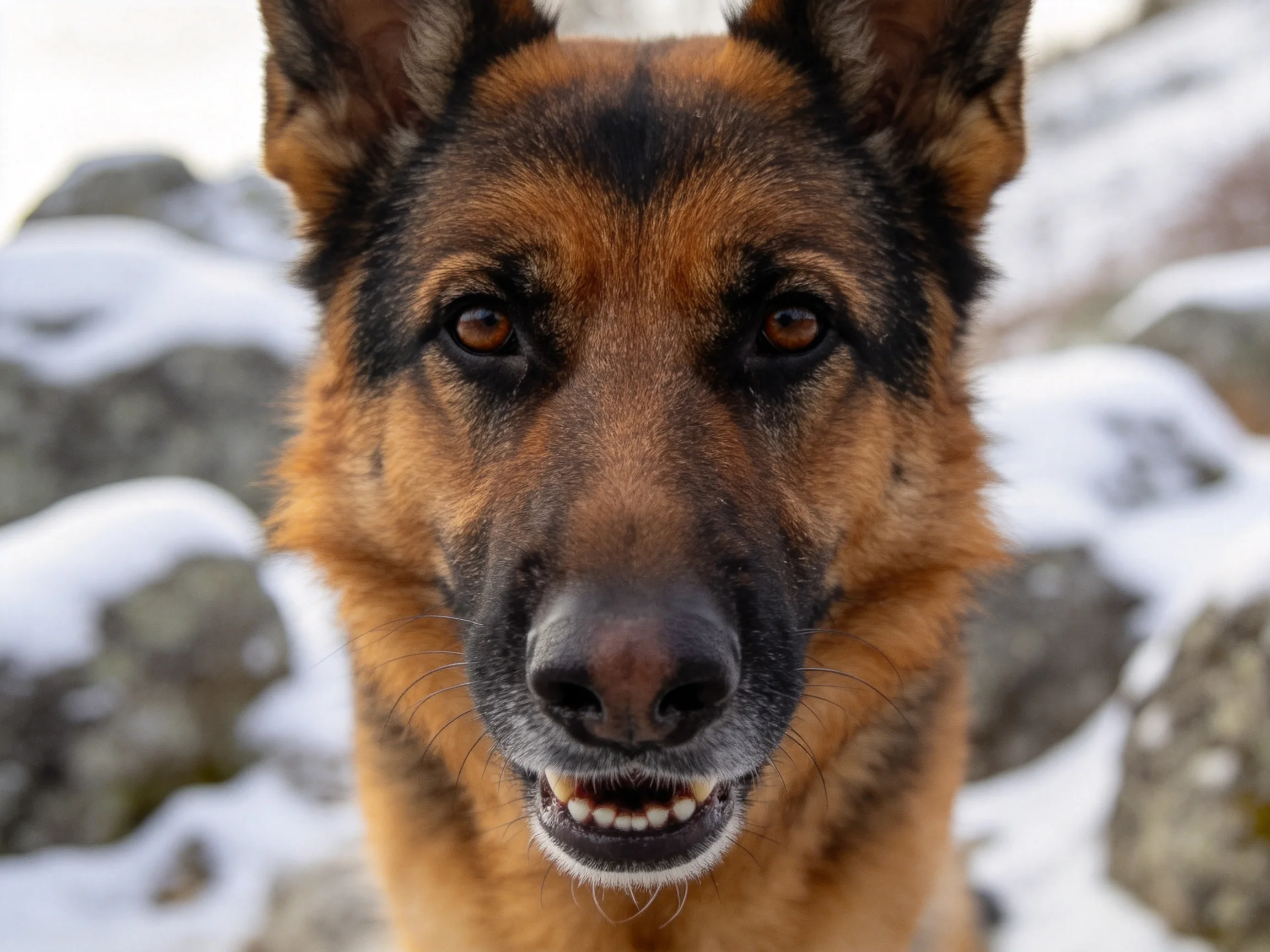 德国牧羊犬在雪地岩石前,黑棕色毛发与明亮眼神清晰可见。