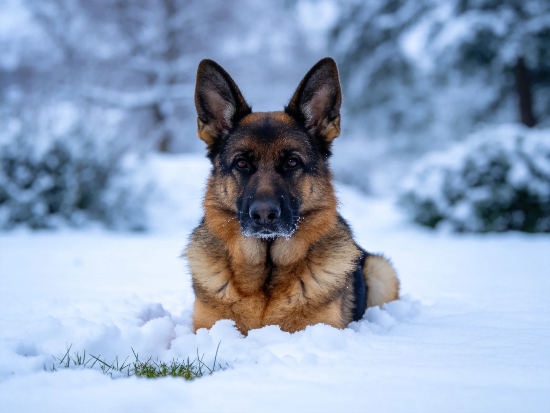 德国牧羊犬安静地躺卧在雪地上,黑棕相间的毛发清晰可见,周围是被白雪覆盖的环境。