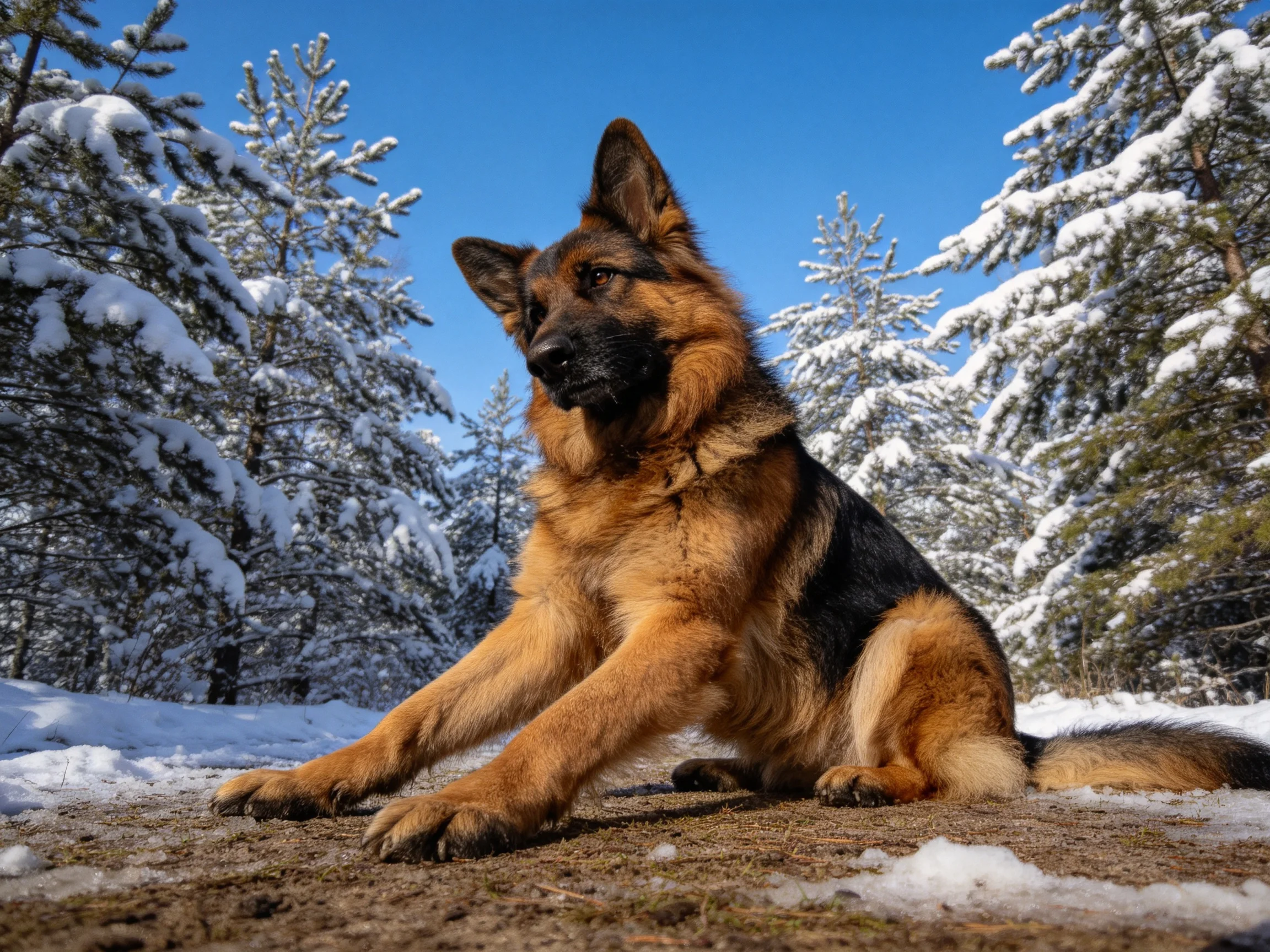 德国牧羊犬前爪向前伸展呈坐姿,黑棕色毛发在雪地森林中清晰可见。