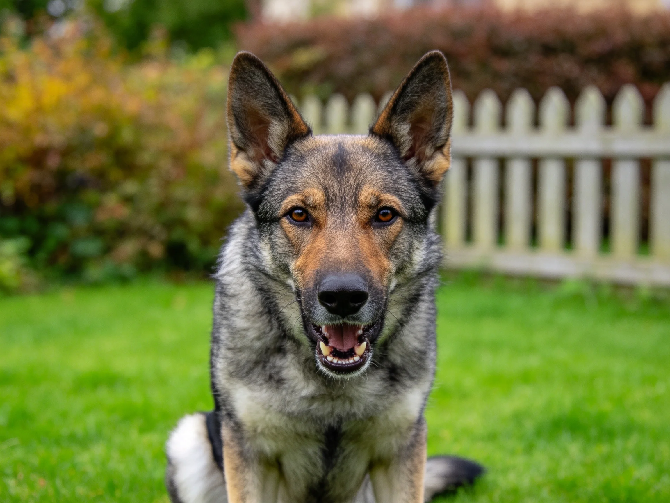 一只德国牧羊犬正坐在绿色草地上,黑棕相间的毛发清晰可见,耳朵竖立着,前方。