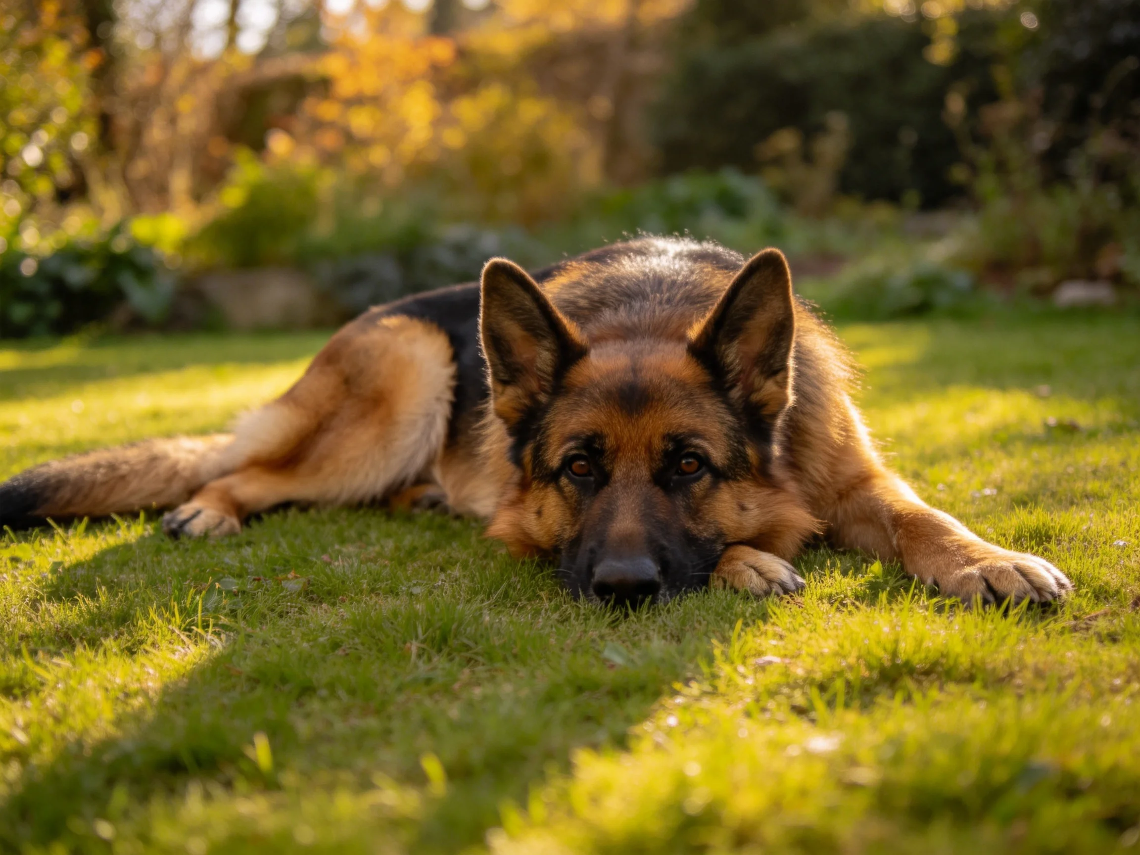 德国牧羊犬趴在草地上,头部轻靠在前爪上,皮毛油亮有光泽。