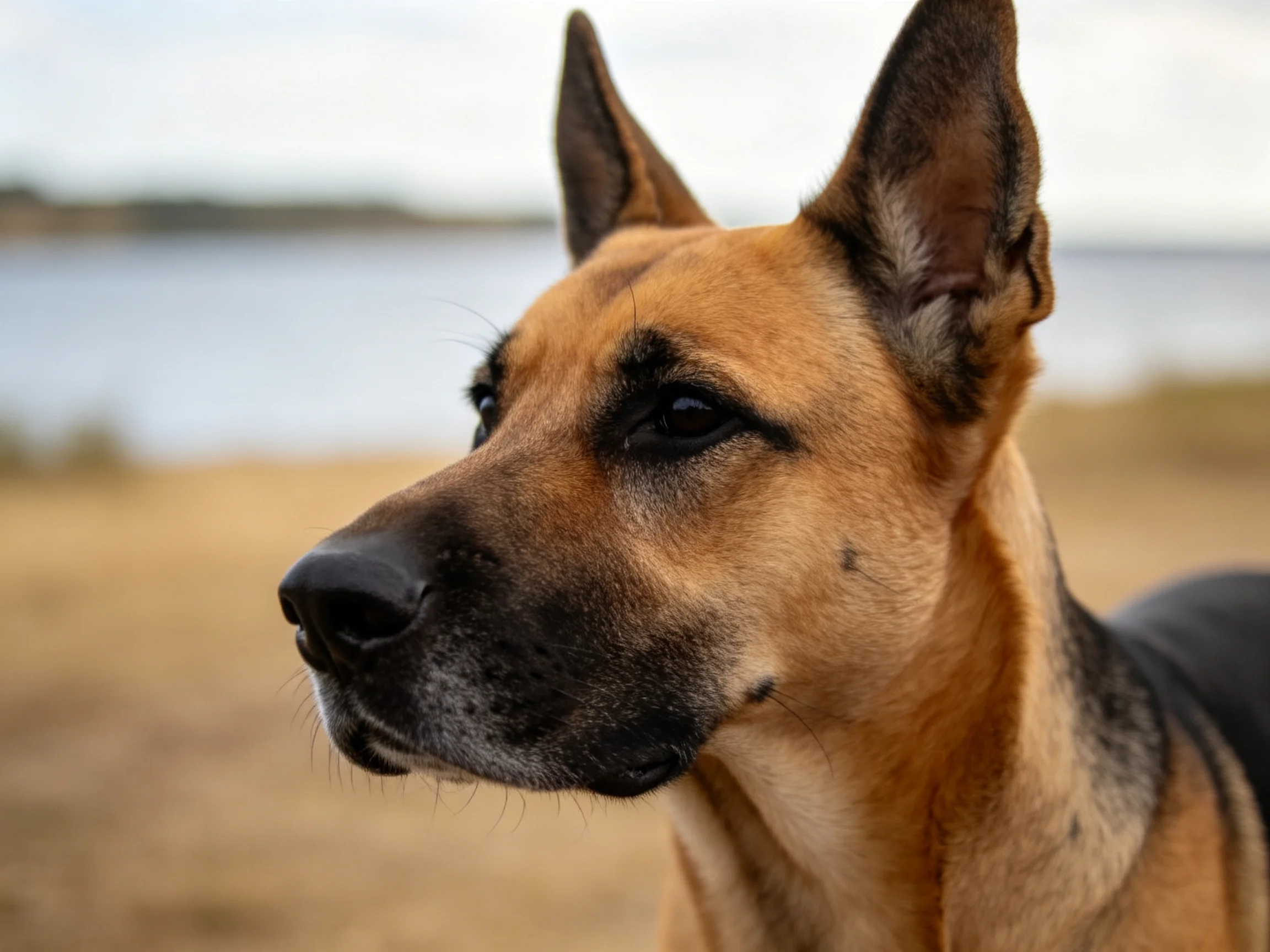 德国牧羊犬头部特写，耳朵竖立，眼神专注看向远方，毛发呈现典型黑棕色搭配。