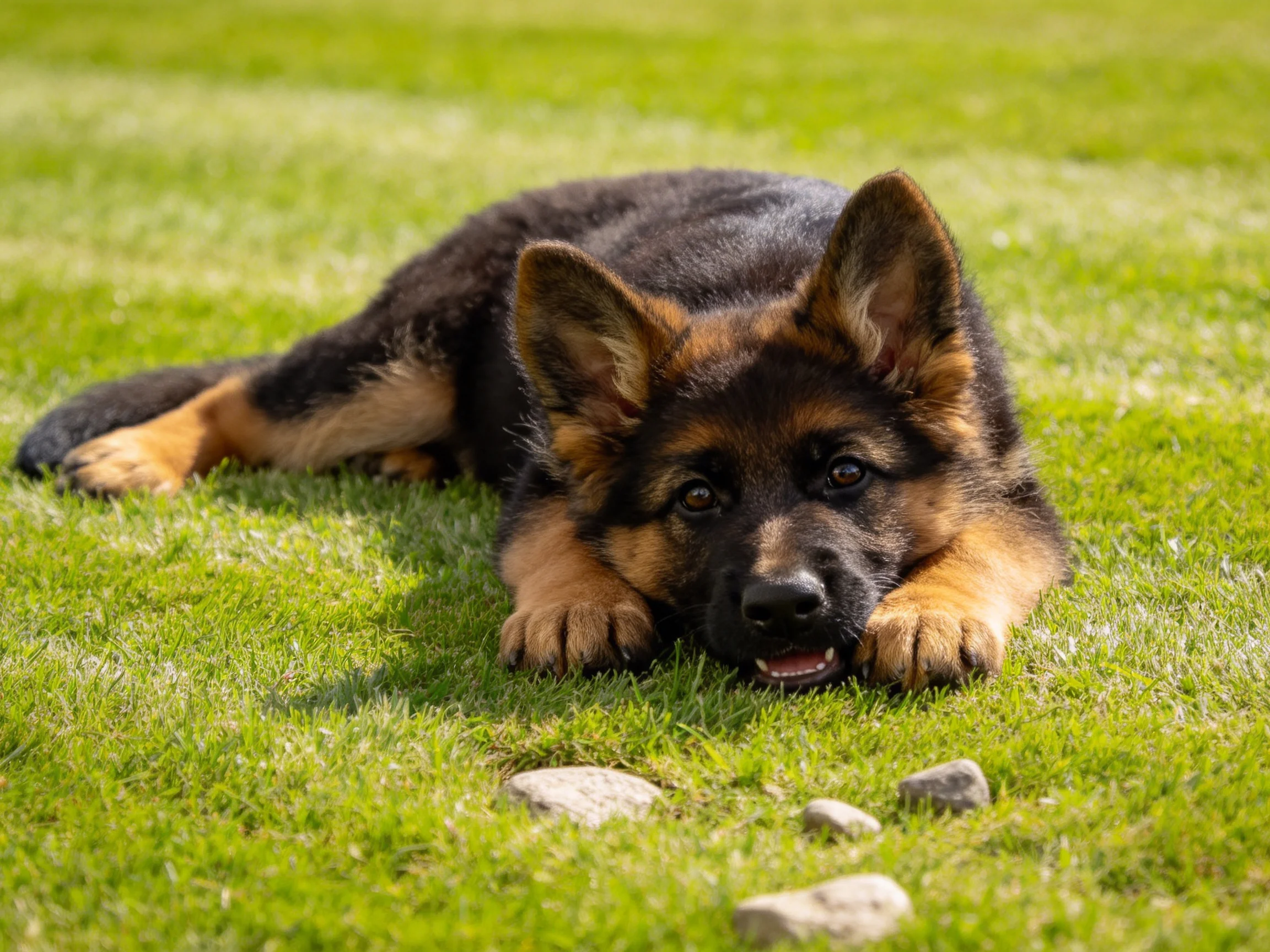 德国牧羊犬幼崽趴在绿色草地上,黑色与浅棕色毛发清晰可见。