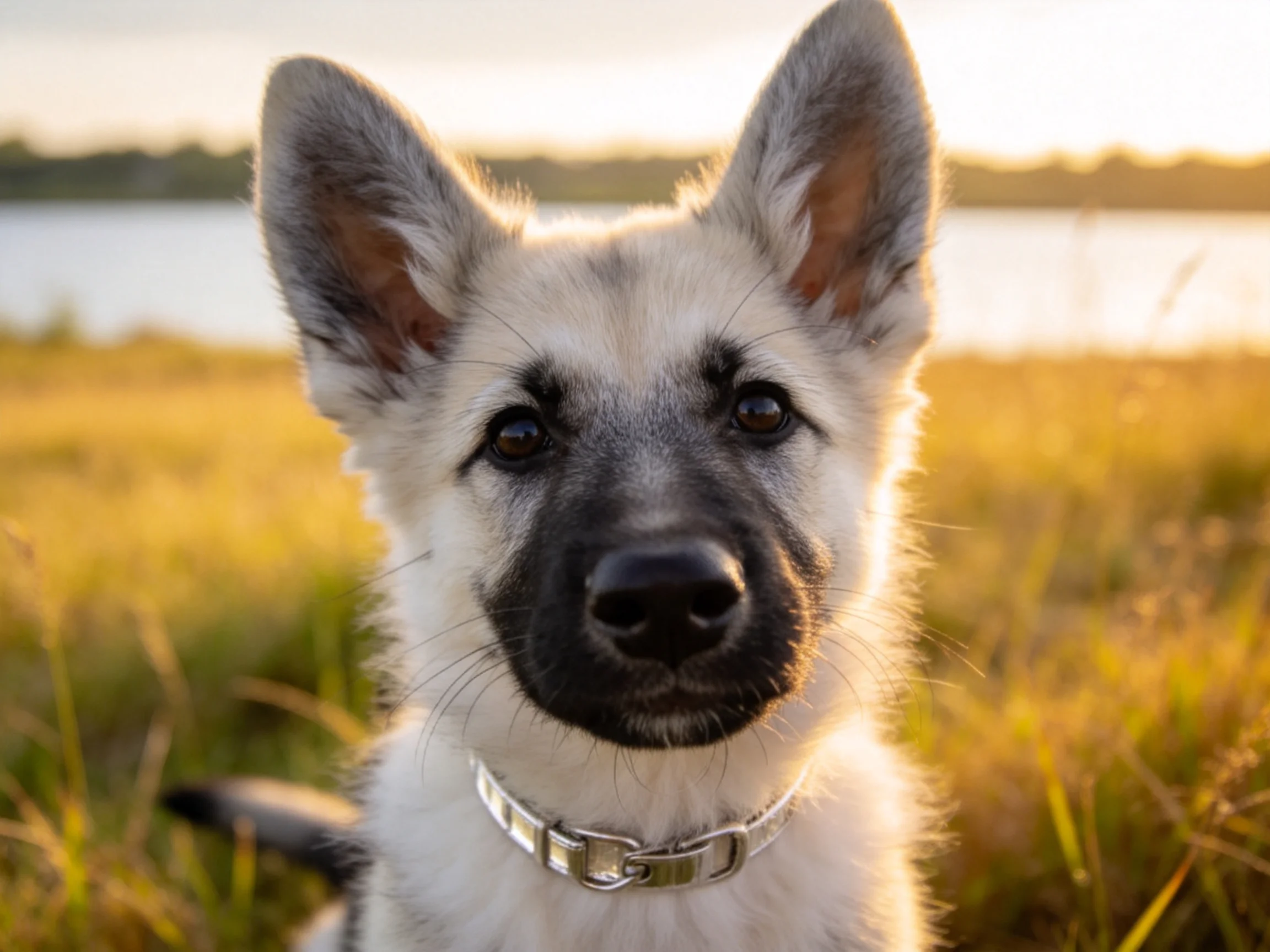 德国只德国牧羊犬幼犬,白色带黑色毛发,佩戴银色项圈,专注凝视镜头。