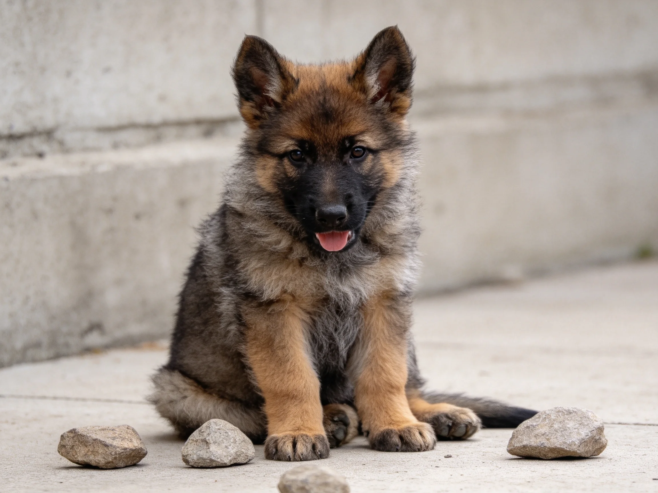德国牧羊犬幼犬吐着舌头坐在混凝土地面,周围有几块不同大小的石头。