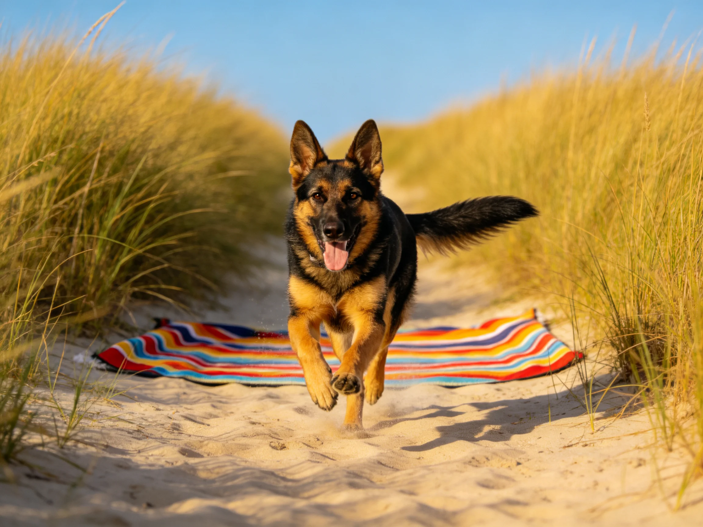 德国牧羊犬奔跑时露出张开嘴巴和黑棕相间的毛发细节。