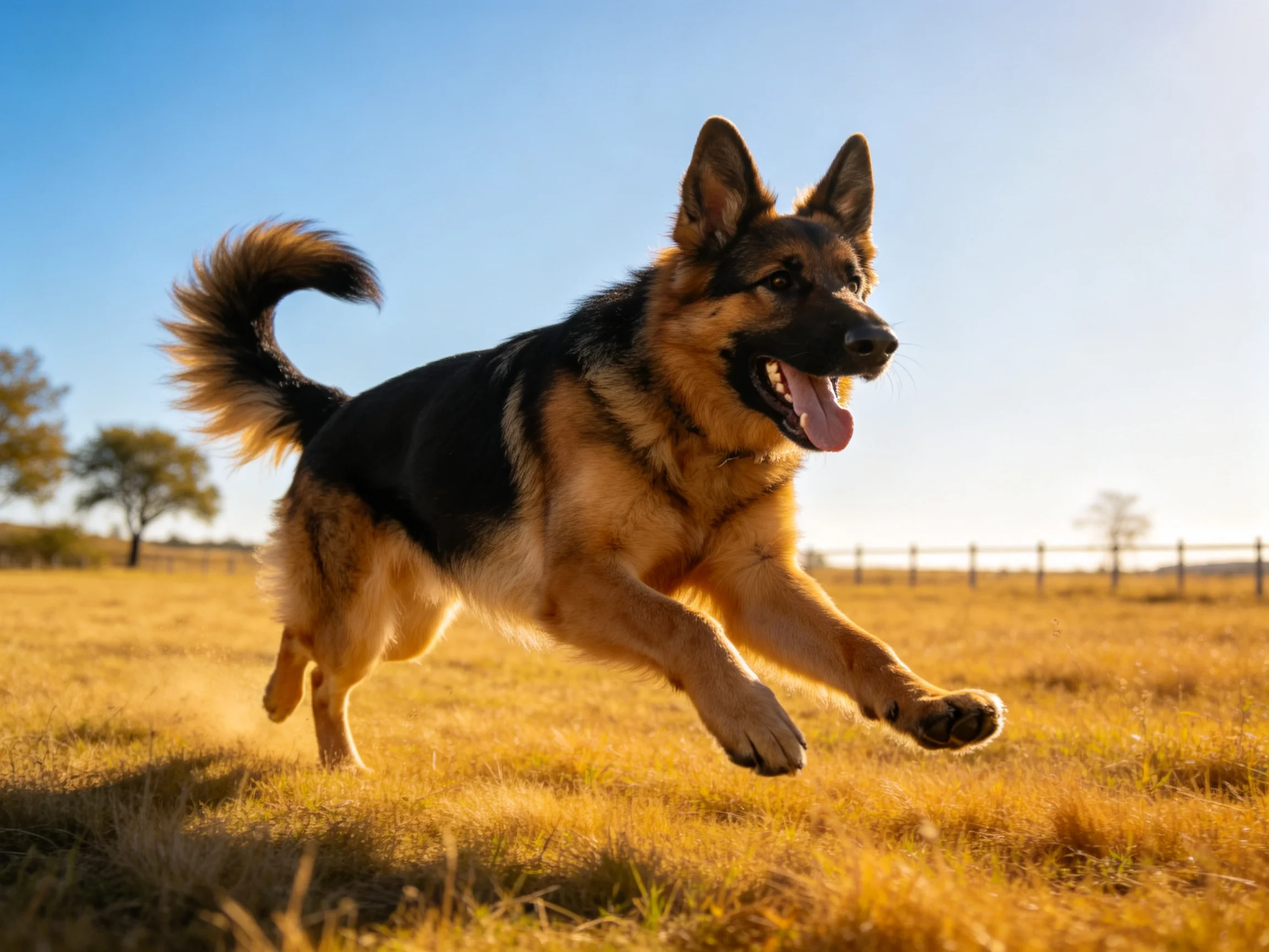 德国牧羊犬嘴巴张开，舌头外露，在阳光下奔跑的姿态清晰可见。