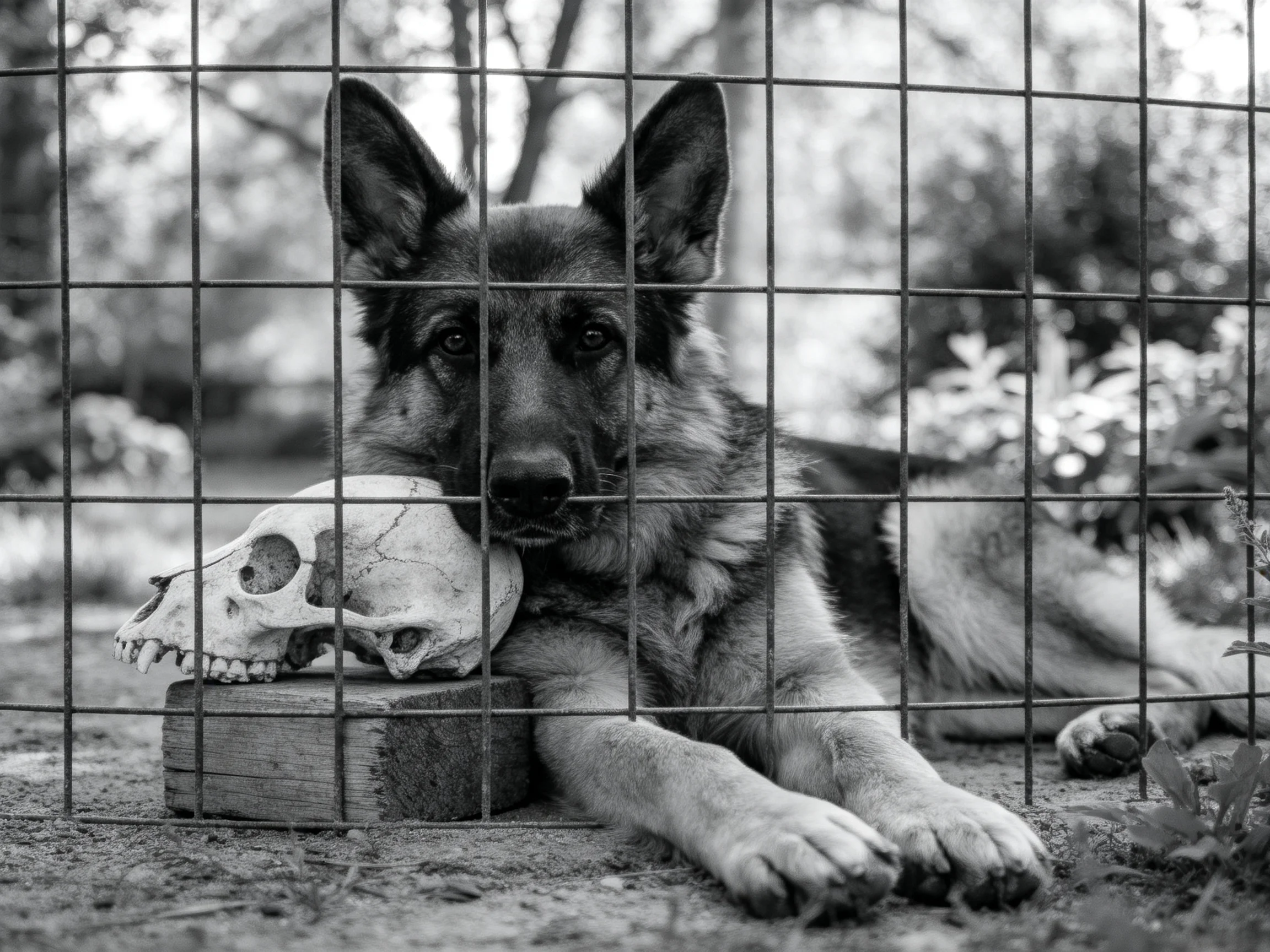 德国牧羊犬安静地趴在围栏内,前爪轻触狗骷髅,深灰与浅棕被毛在黑白画面中显得格外醒目。
