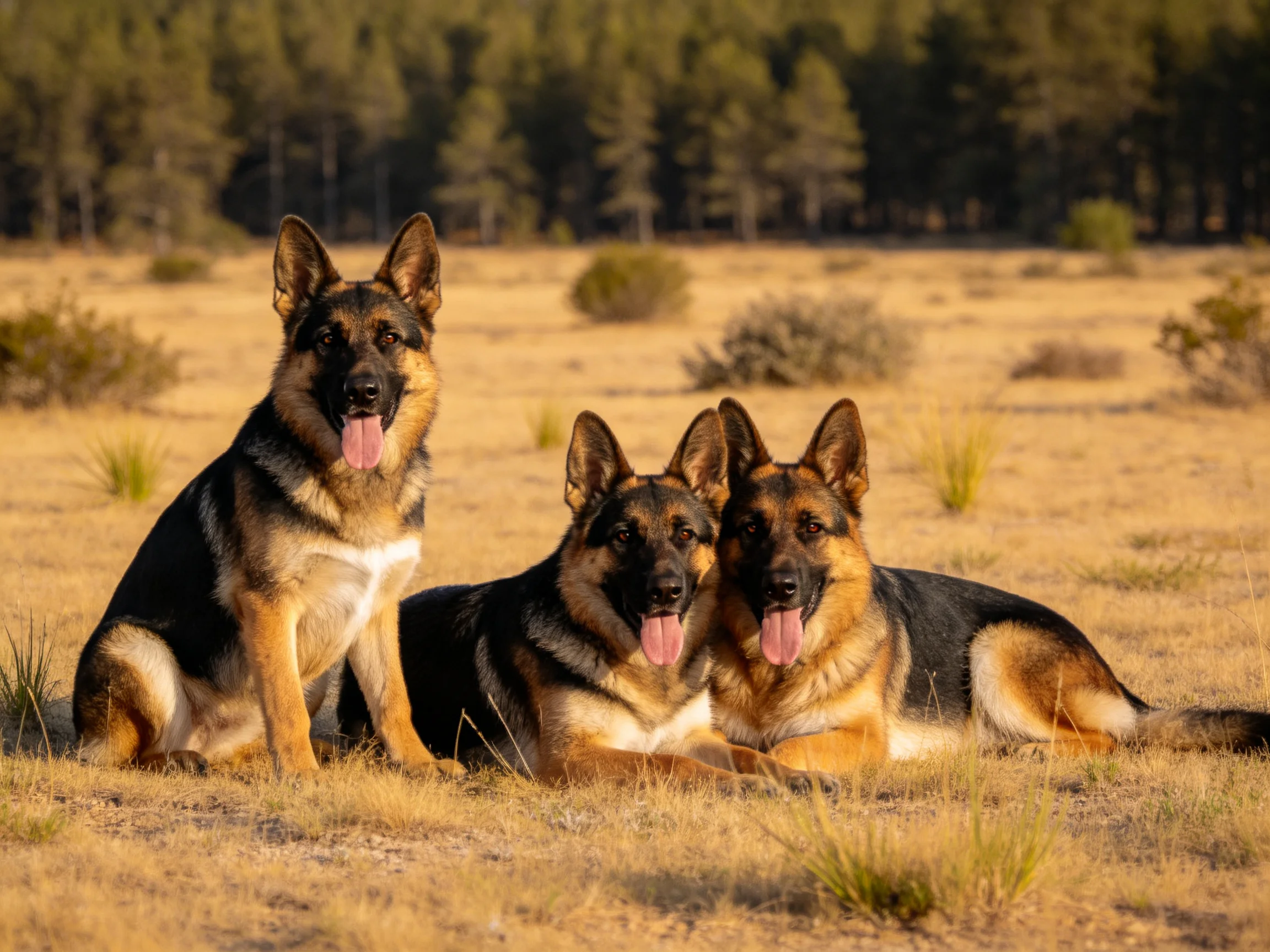 三只德国牧羊犬黑棕相间被毛,舌头伸出趴在干燥草原上。