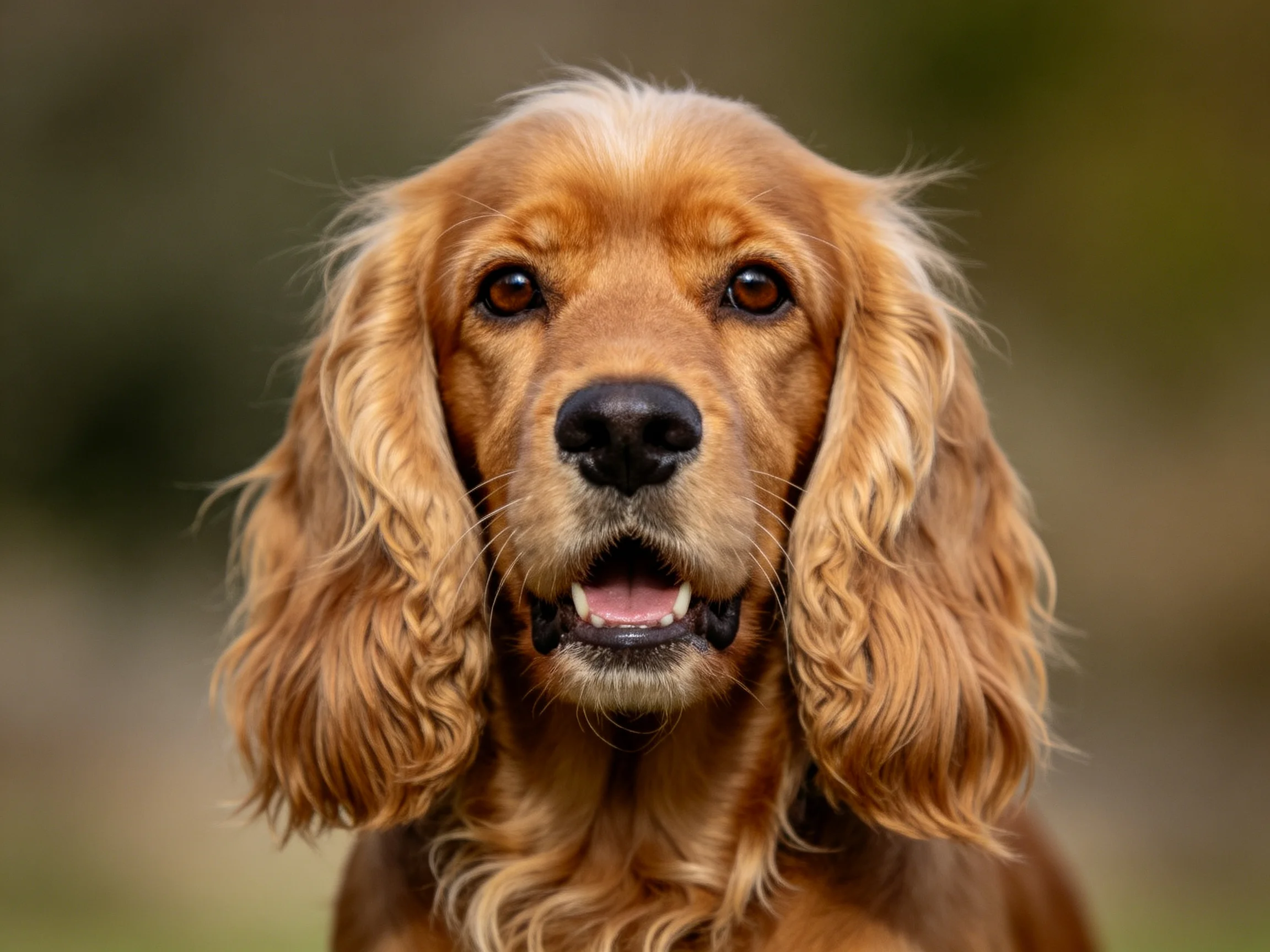 可卡犬拥有浓密波浪状的金棕色卷毛,嘴巴微张露出牙齿,处于户外环境。
