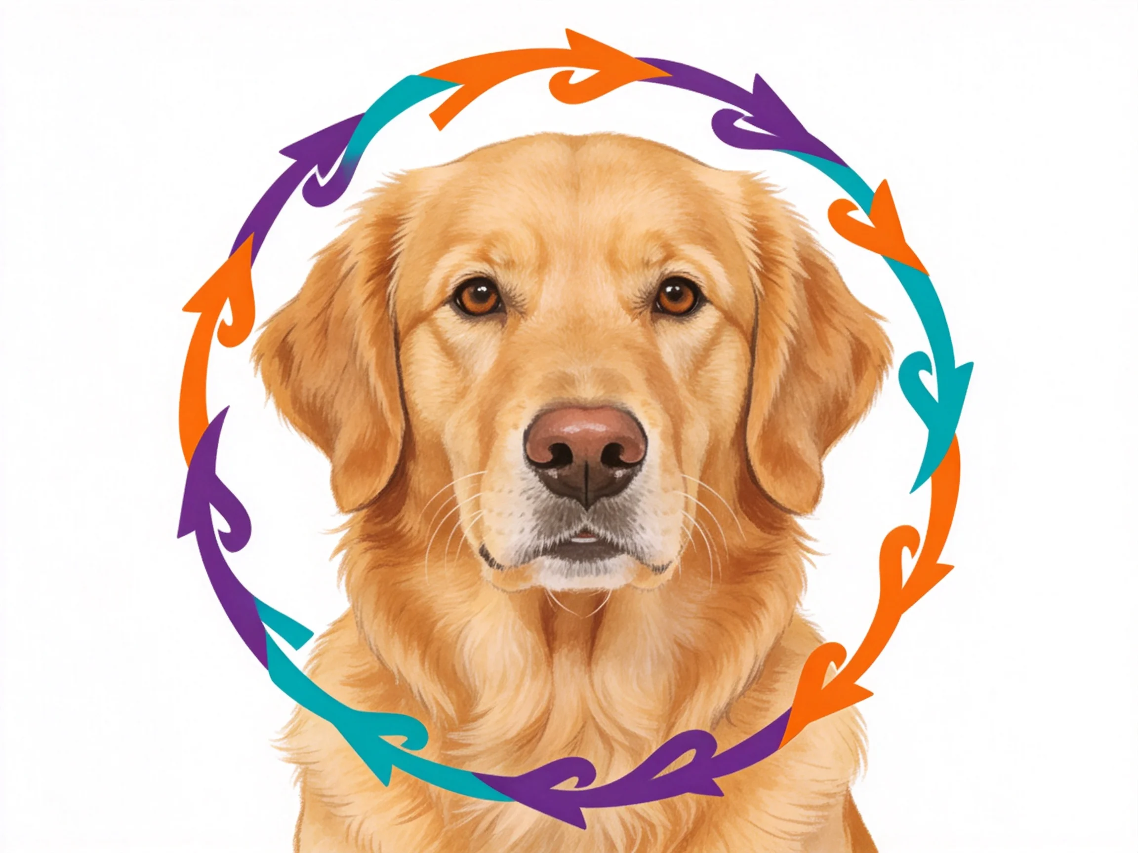 金毛寻回犬有着金黄色的毛发,周围环绕着彩色箭头图案。