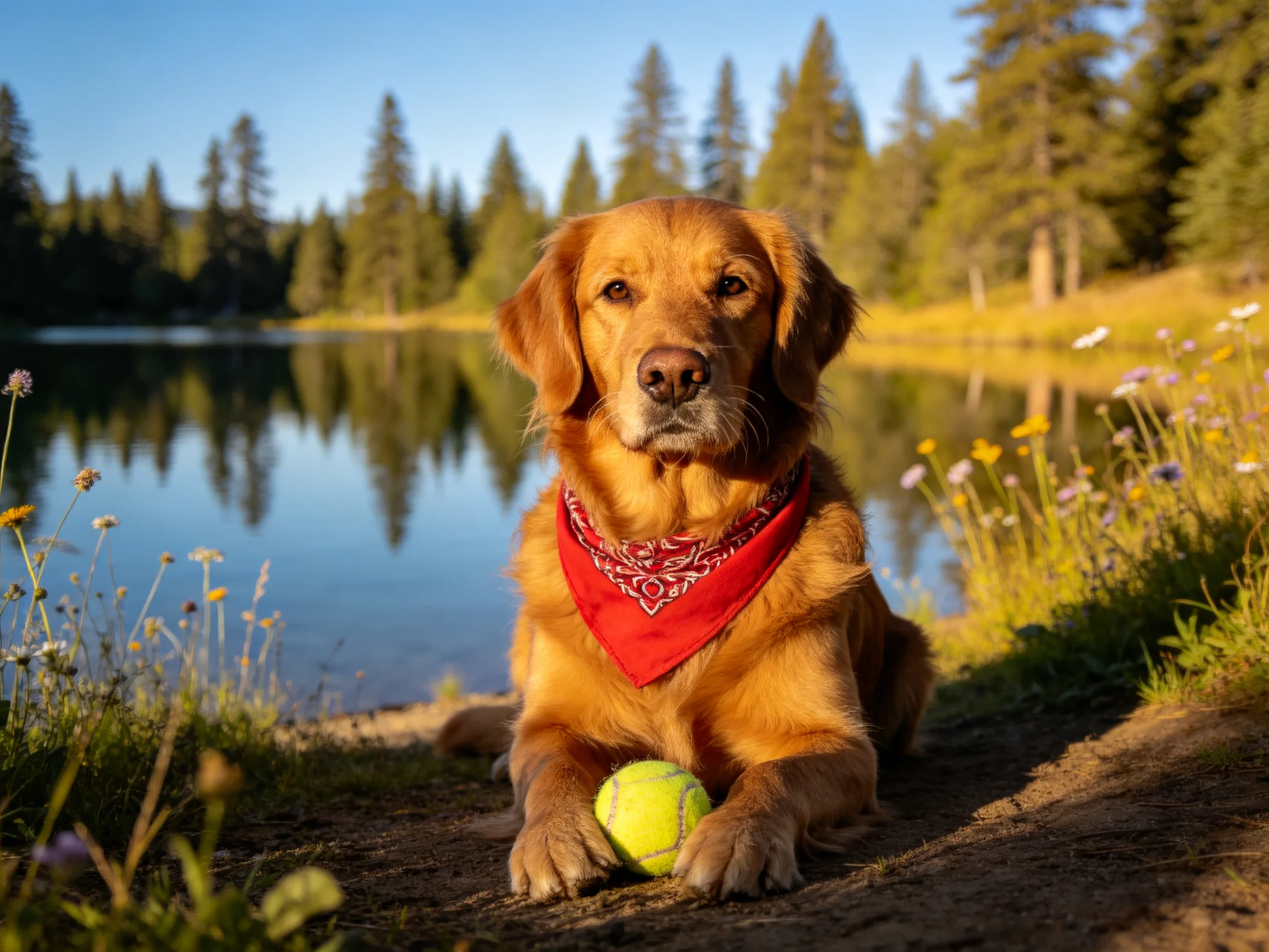 金毛寻回犬安静坐着，前爪下的黄色网球清晰可见，身上系着红色方巾。