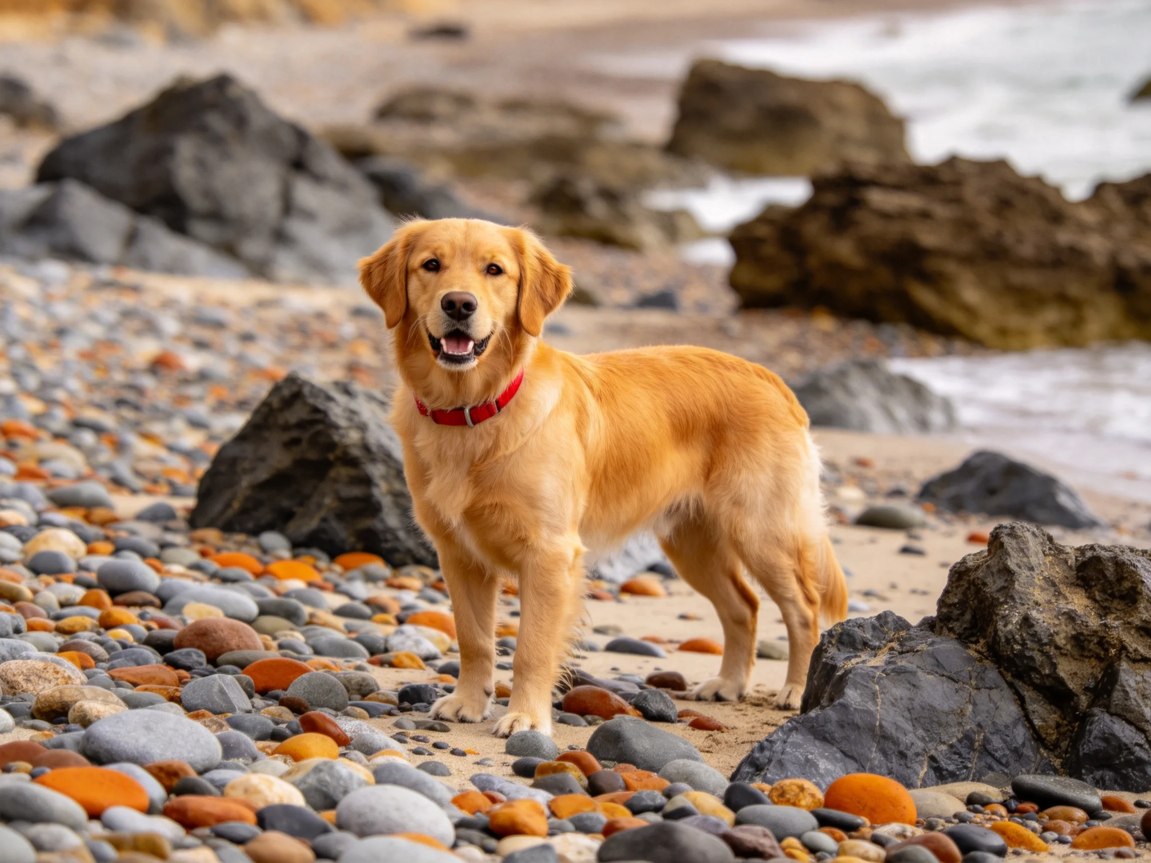金毛寻回犬站在沙滩上，浅金色被毛在阳光下显得柔软蓬松。