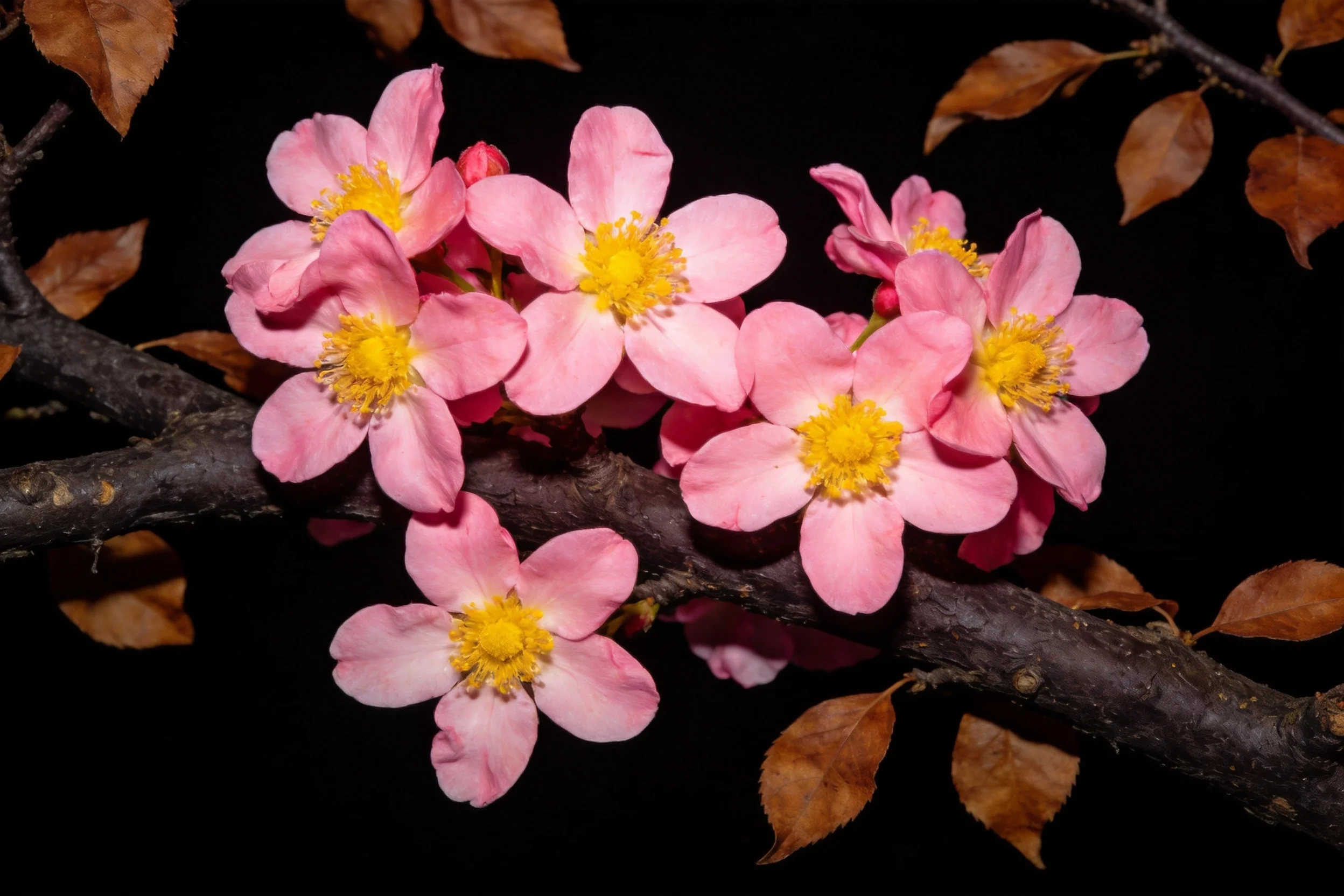 夜晚枝桠上的海棠花,淡粉色花瓣环绕明黄色花蕊,花瓣边缘带有舒展形态。