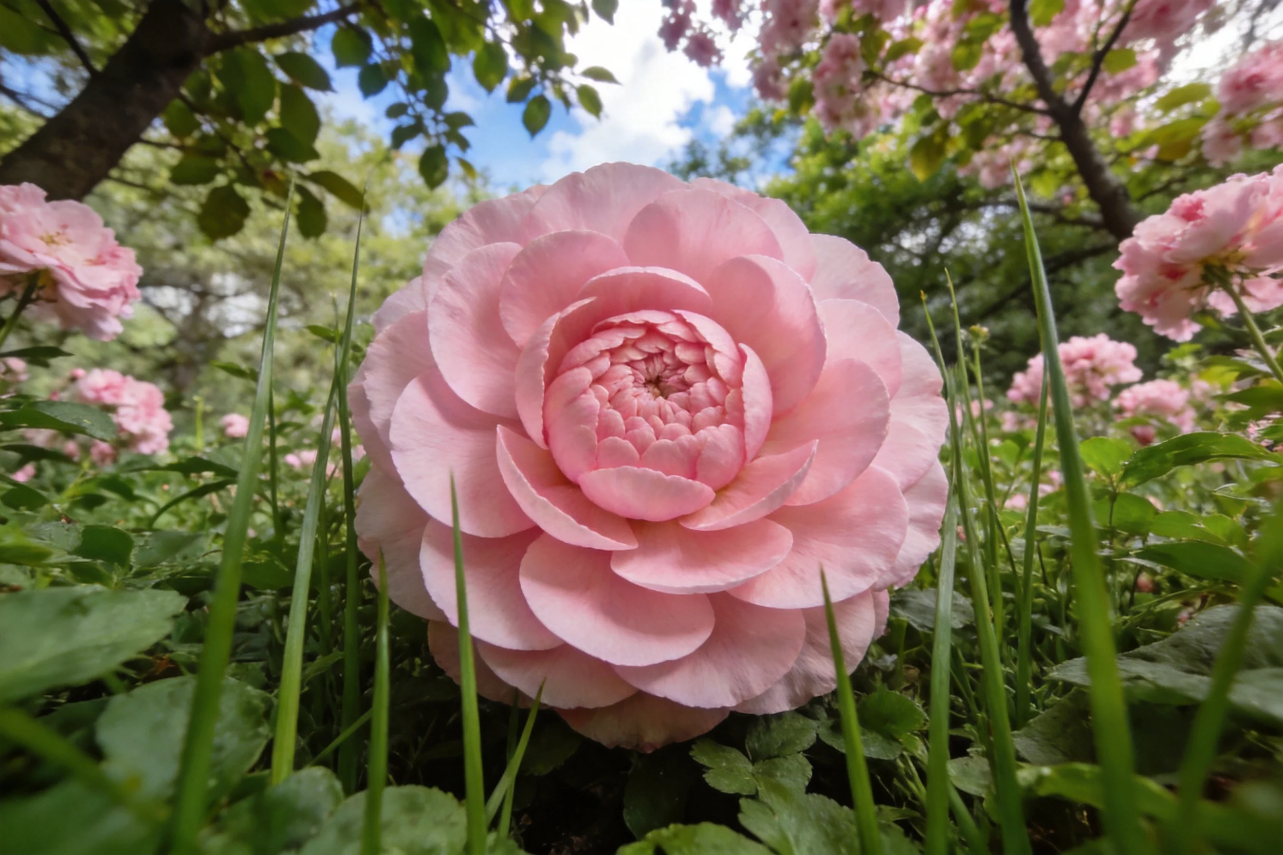 盛开的粉色玫瑰,花瓣层层舒展,呈现出柔和的淡粉色,周围环绕着细长的绿草。