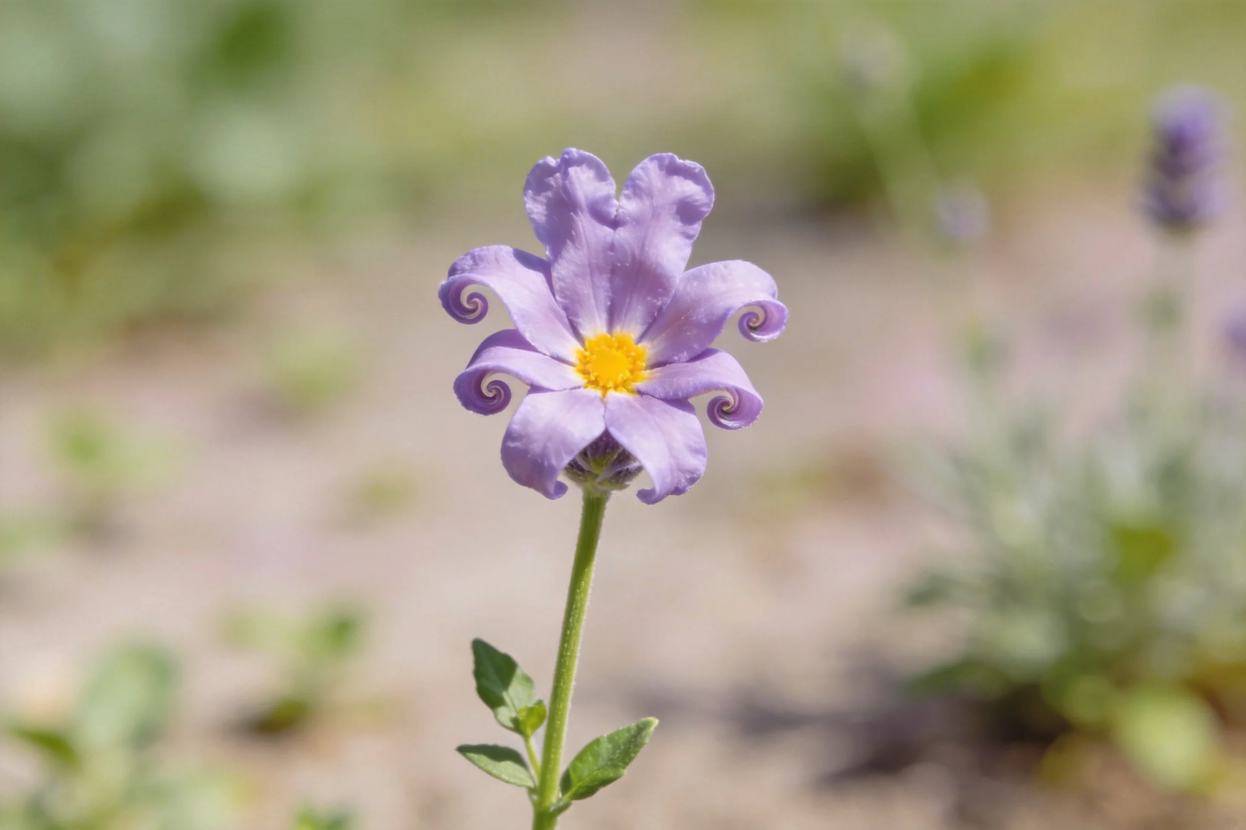 卷瓣花特写显示其带有卷曲边缘的淡紫色花瓣和黄色花蕊。