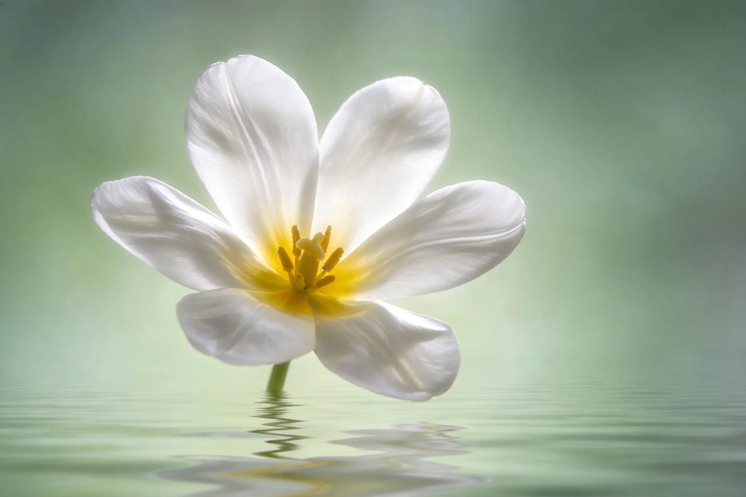 白色郁金香的花瓣洁白无瑕,中心是明亮的黄色花蕊,下方有清晰的水面倒影呈现。