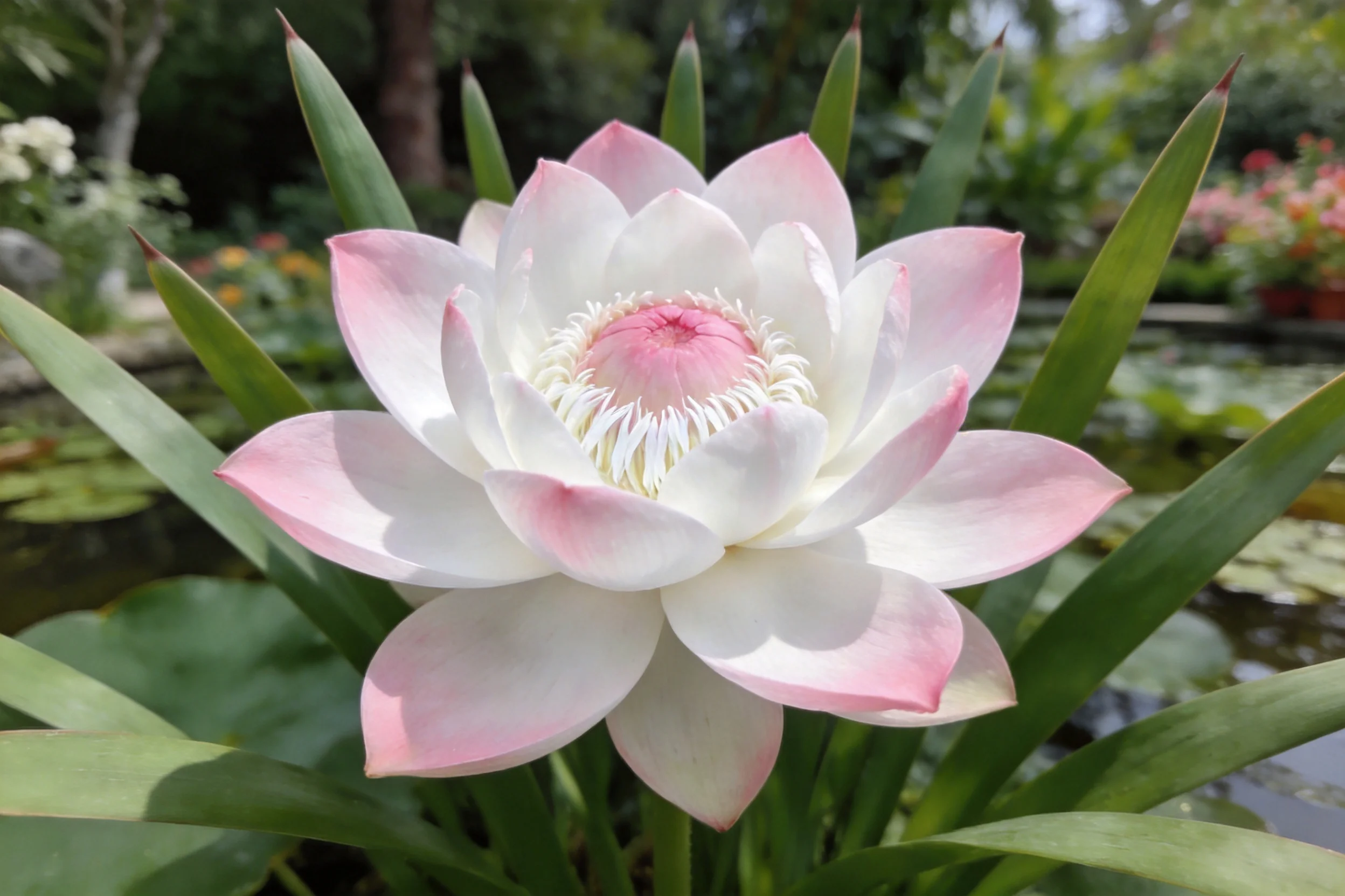 荷花的花瓣为白色且边缘带粉红色,中心有密集的花蕊结构,花瓣表面光滑。