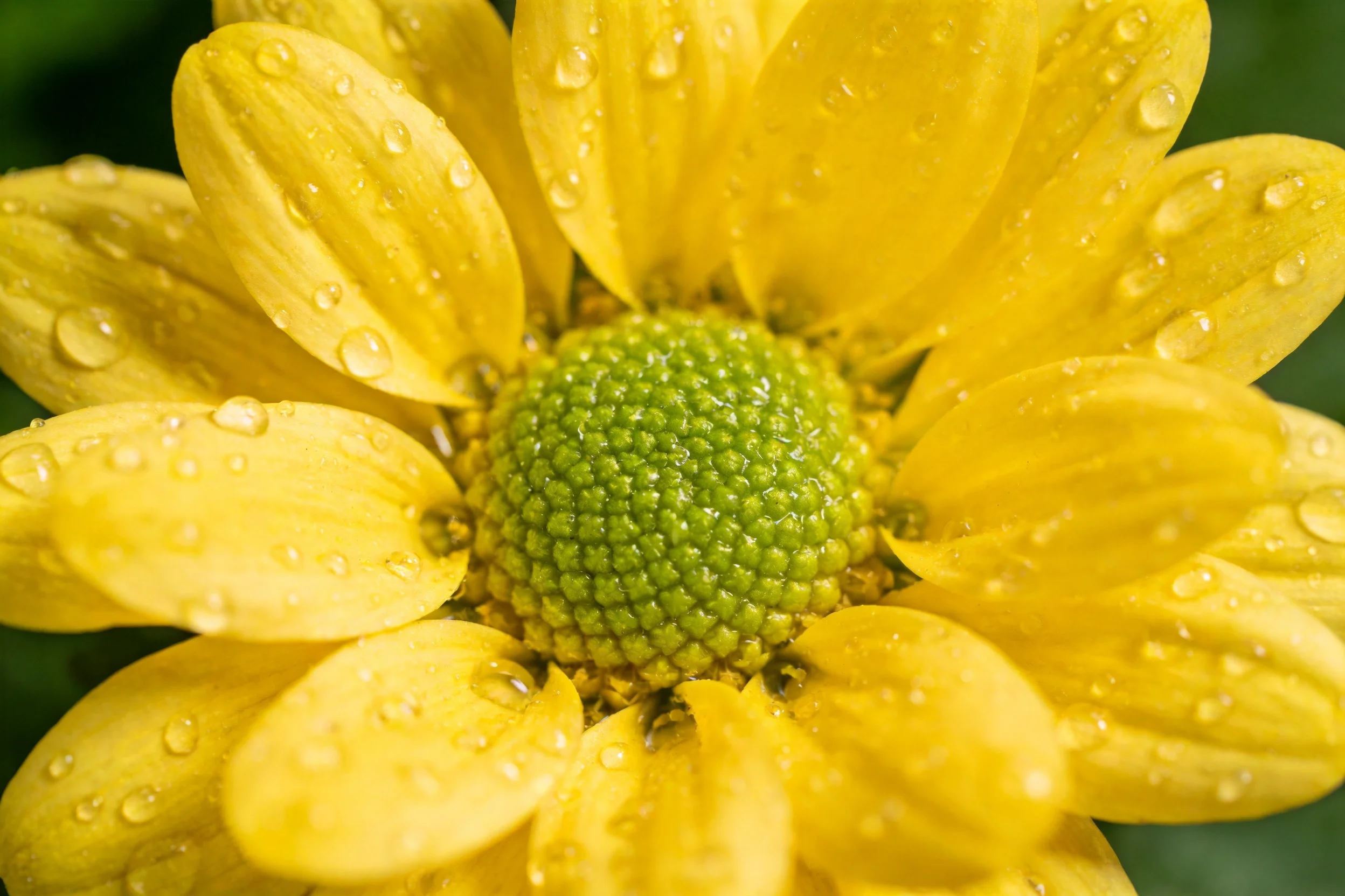 黄色非洲菊花瓣上清晰的水珠呈现出透明质感,花瓣为明亮的黄色。