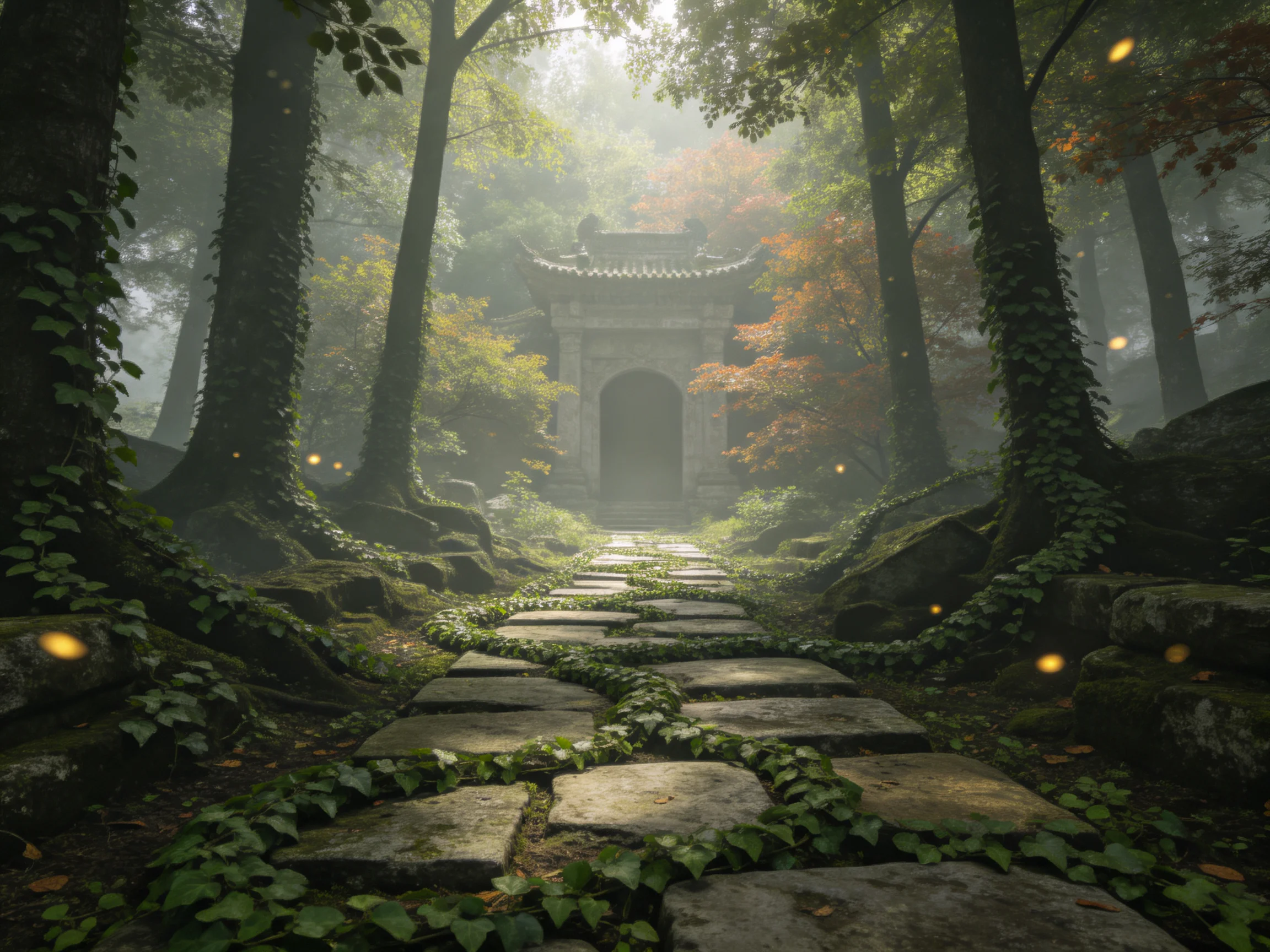古建门廊的石质表面清晰可见,石缝间生长着青苔与藤蔓,周围林木茂密,雾气朦胧中展现出古朴的建筑风貌。