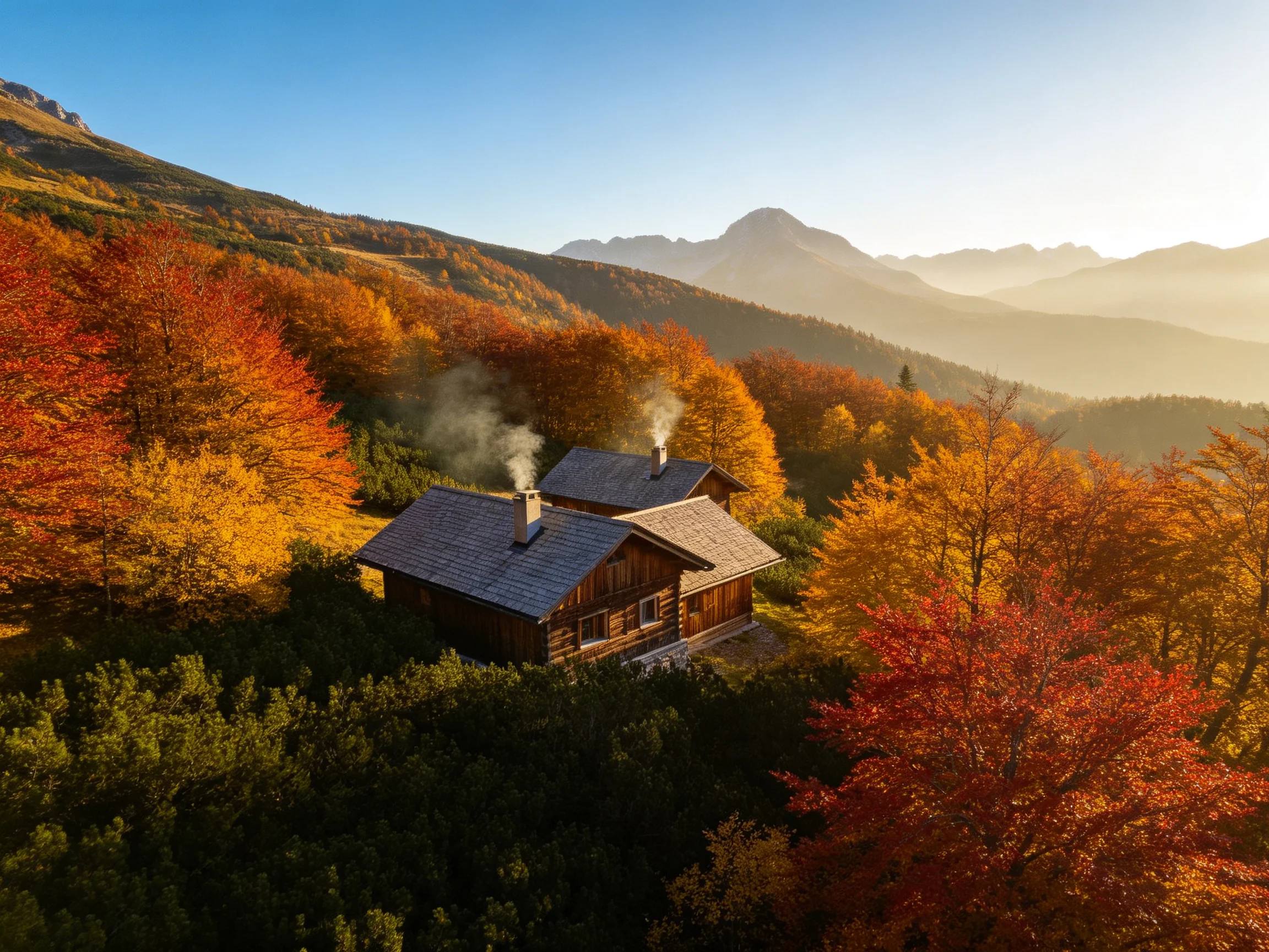 秋季山林间的木质乡村小屋,深灰色坡顶木屋,屋顶烟囱飘出轻柔白烟,周围环绕彩叶树木。