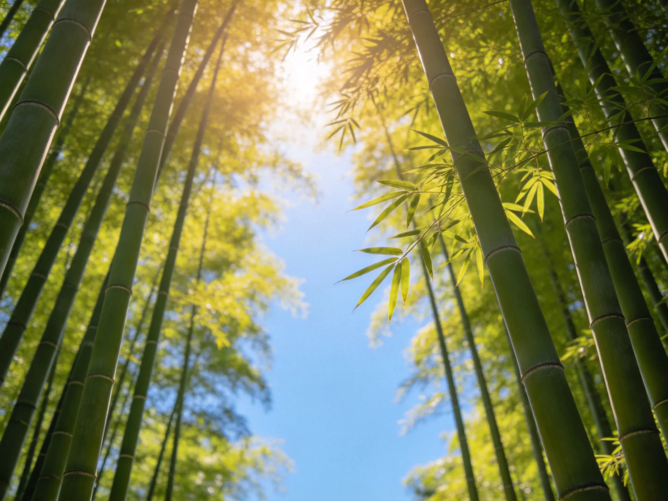 毛竹茎秆高大挺拔,叶片边缘清晰,阳光透过叶片形成光影效果。