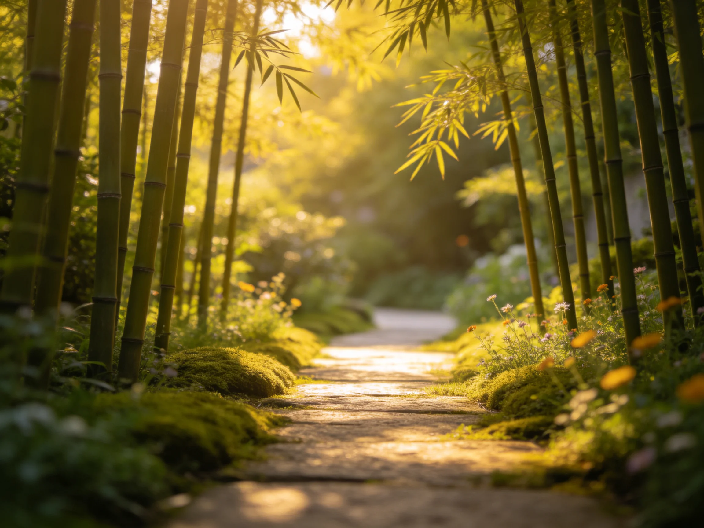 竹林中，翠绿的竹竿排列整齐，石板路上有金色阳光洒落，青苔与花草点缀其中，竹叶上的纹路清晰可见。
