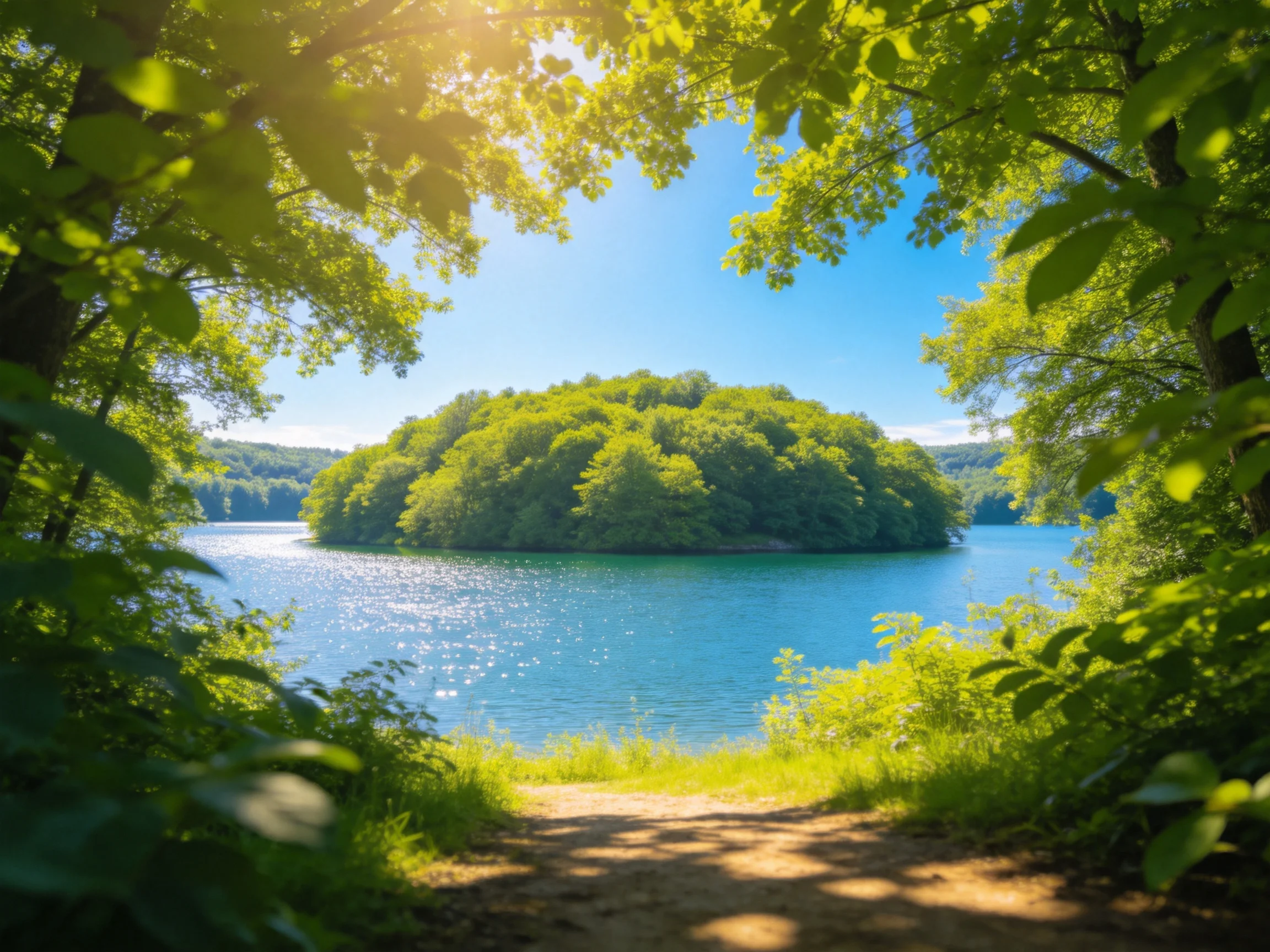 湖心绿岛森林景观里,湖水清澈见底,湖心岛屿上的树木枝叶繁茂,阳光透过树叶形成斑驳光影,水面有细微波纹。