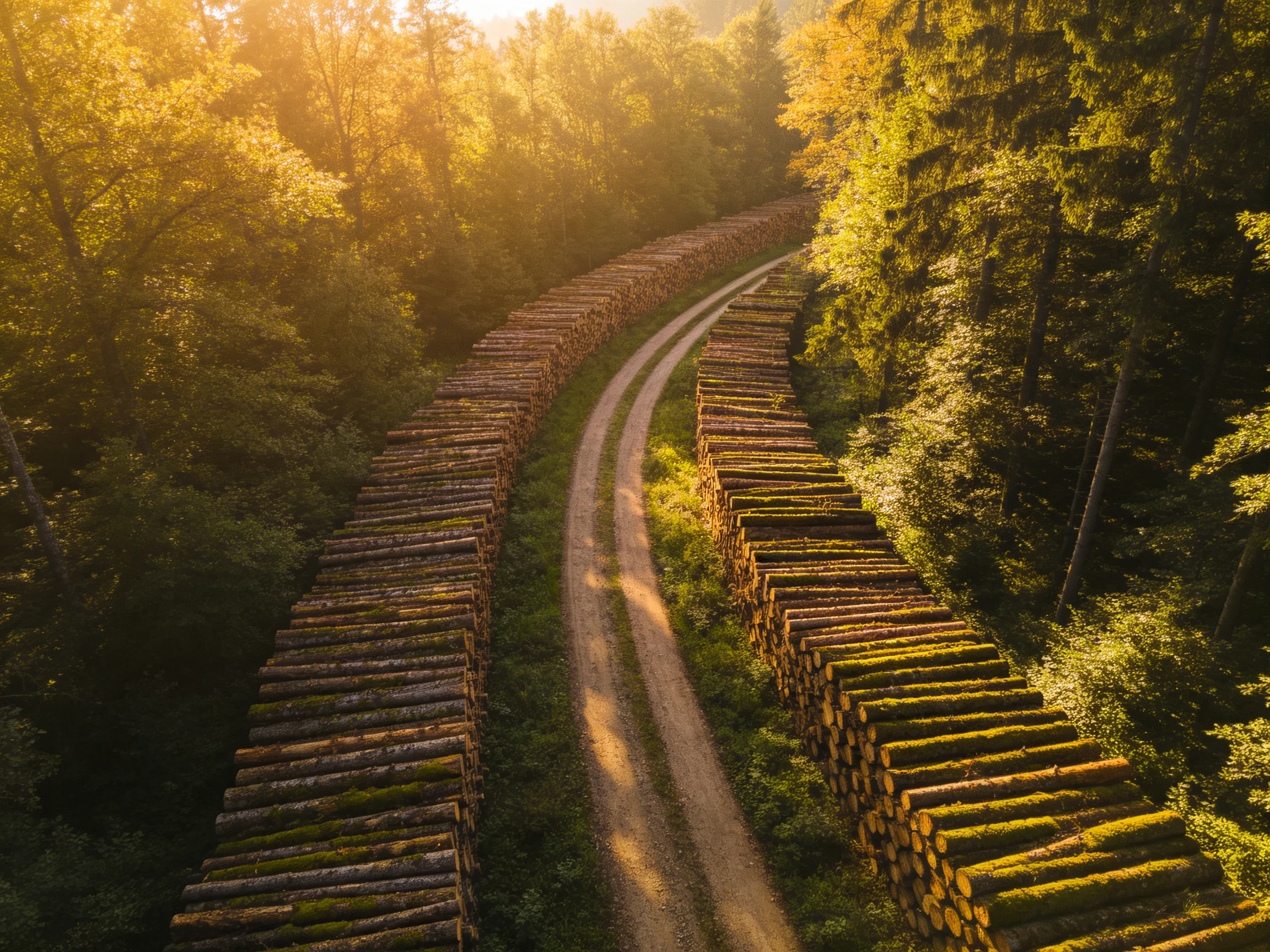 森林边缘道路上整齐堆放着带有青苔的原木,原木表面呈现出的木纹与泥土痕迹。