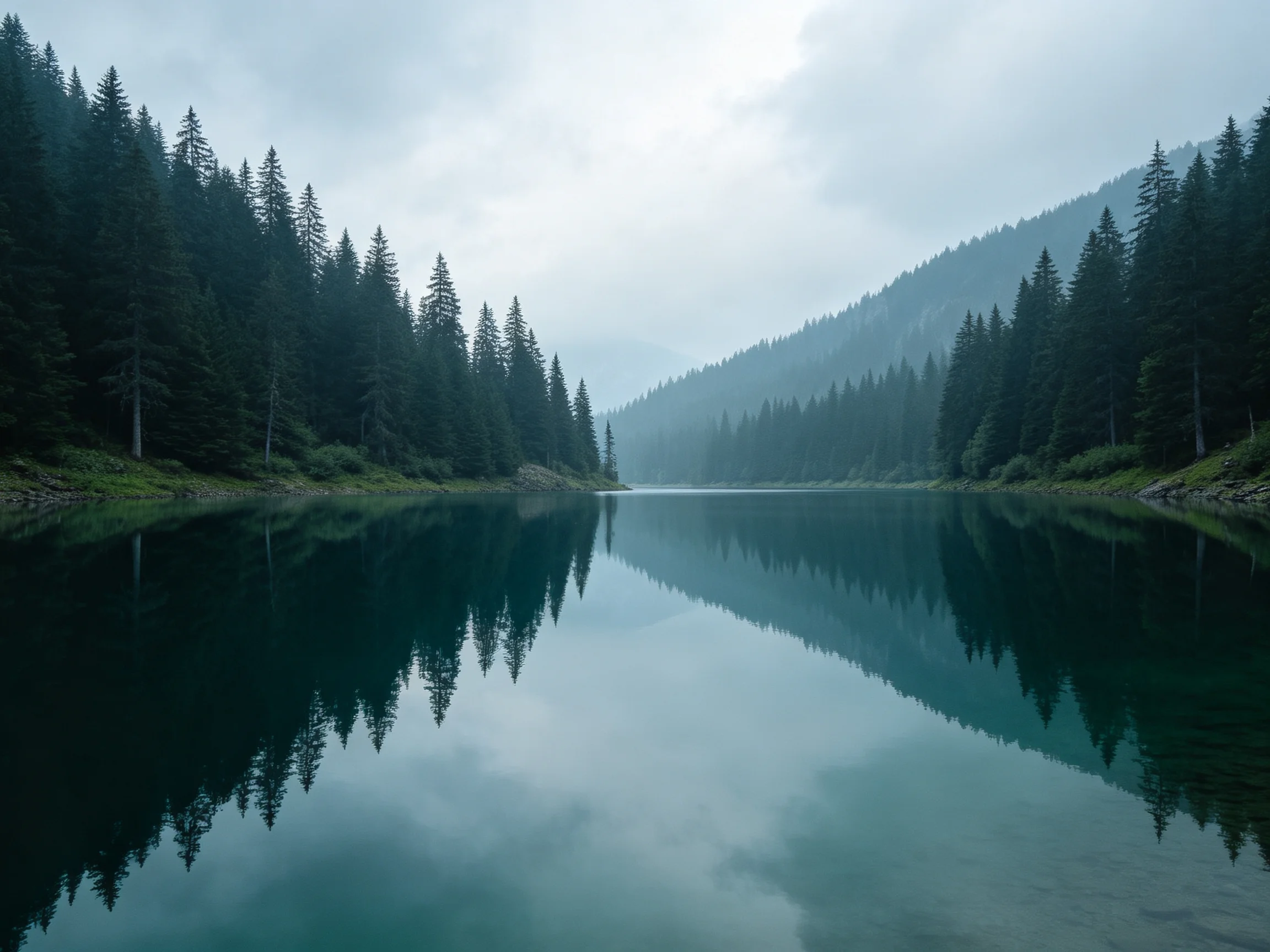 山地森林湖泊倒影景观中,平静水面清晰地反映出茂密针叶林的轮廓与远处山峦的形态。